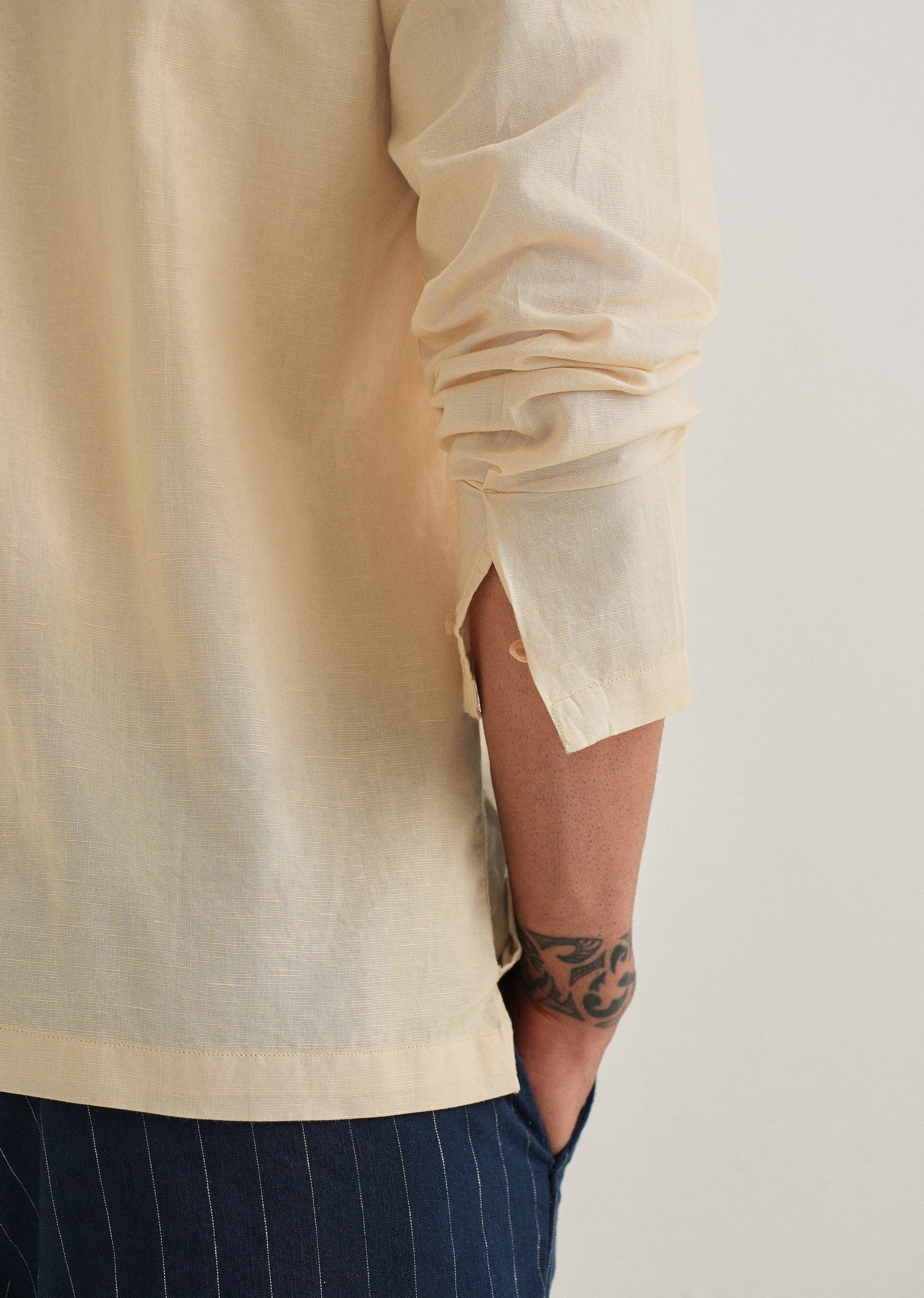 Light Ivory Hidden Sleeve Placket Cotton Linen Shirt - Image 2
