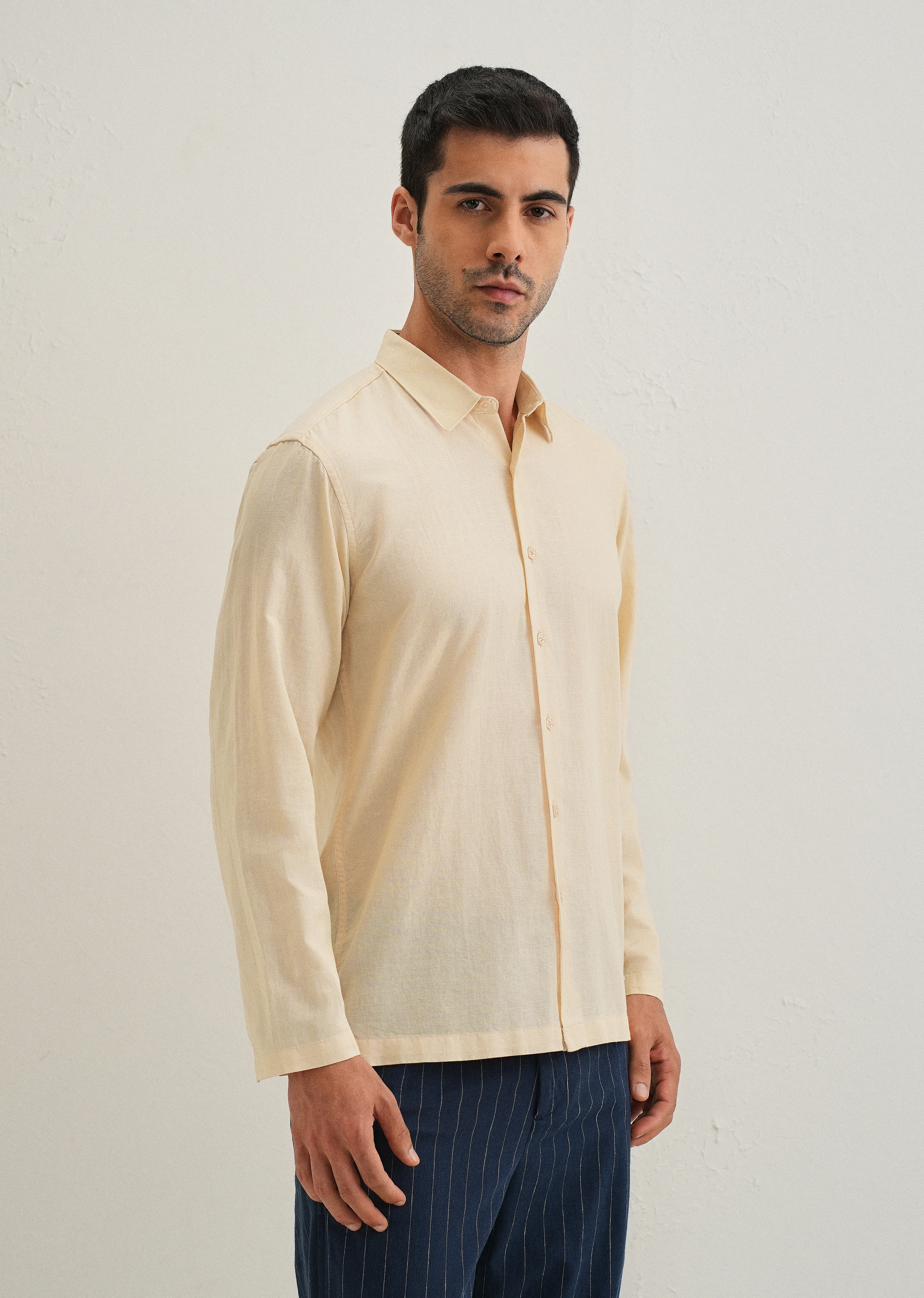 Light Ivory Hidden Sleeve Placket Cotton Linen Shirt - Image 5