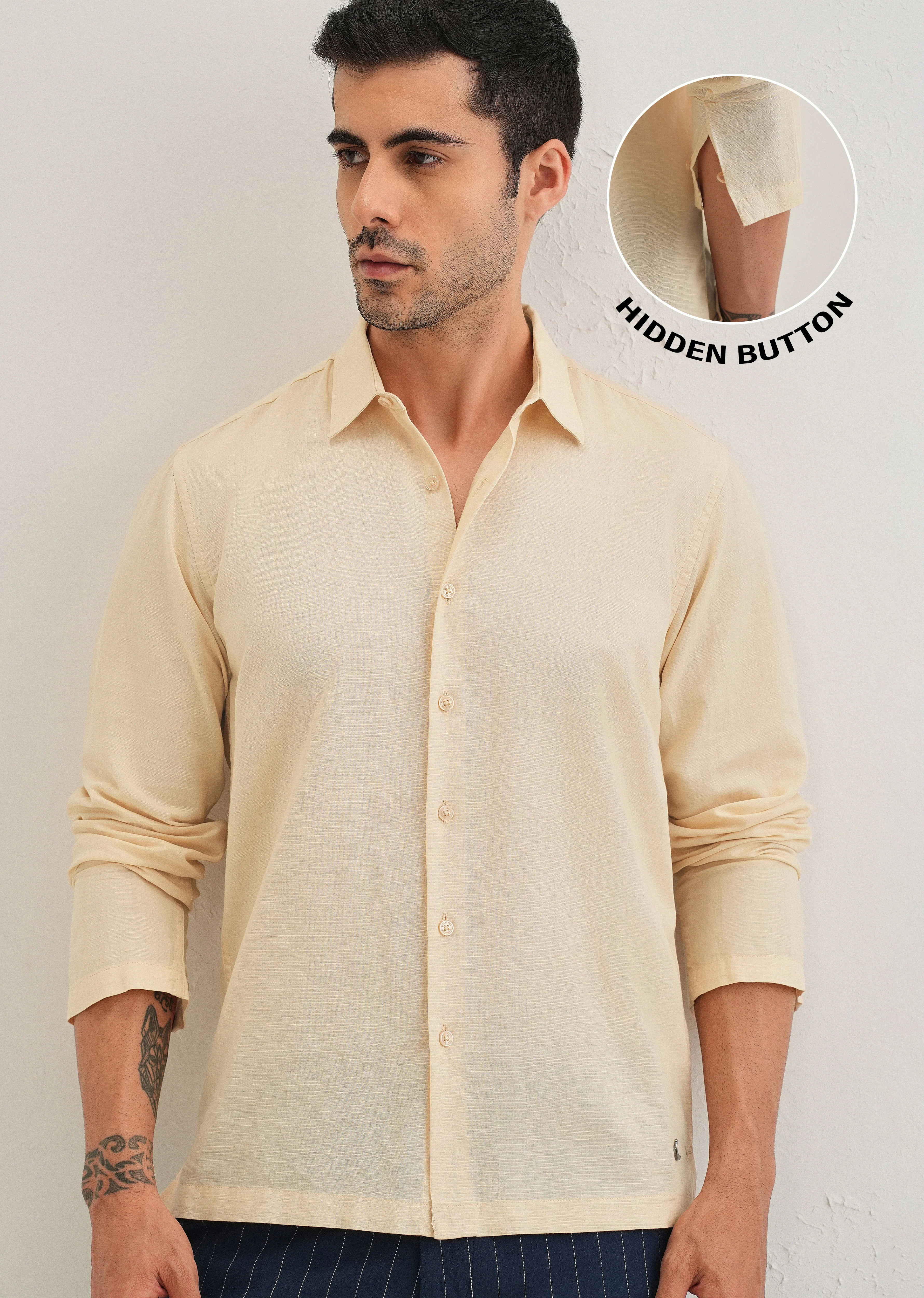 Light Ivory Hidden Sleeve Placket Cotton Linen Shirt - Image 9