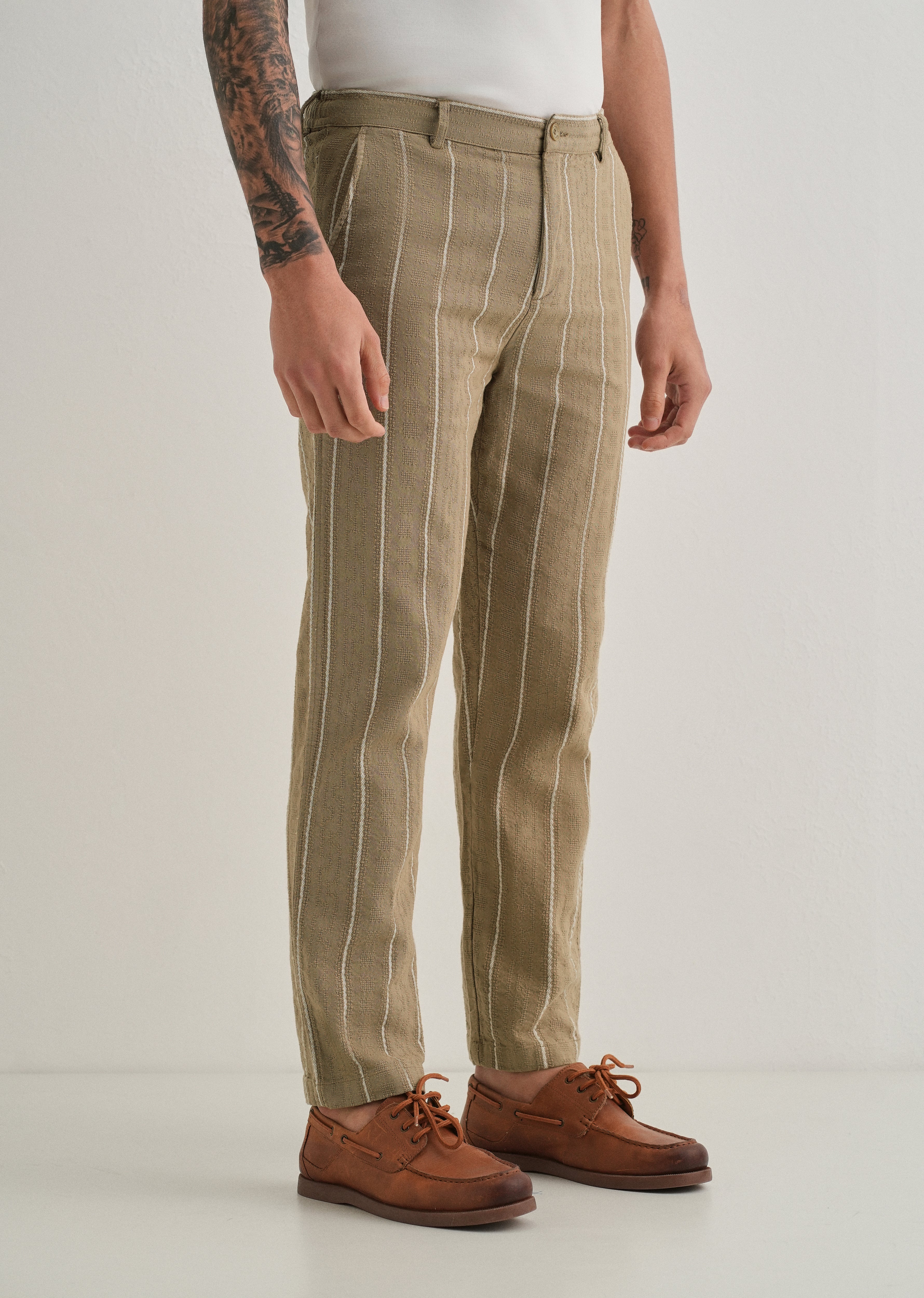 Light Khaki Dobby Cotton Stripe Pants - Image 4