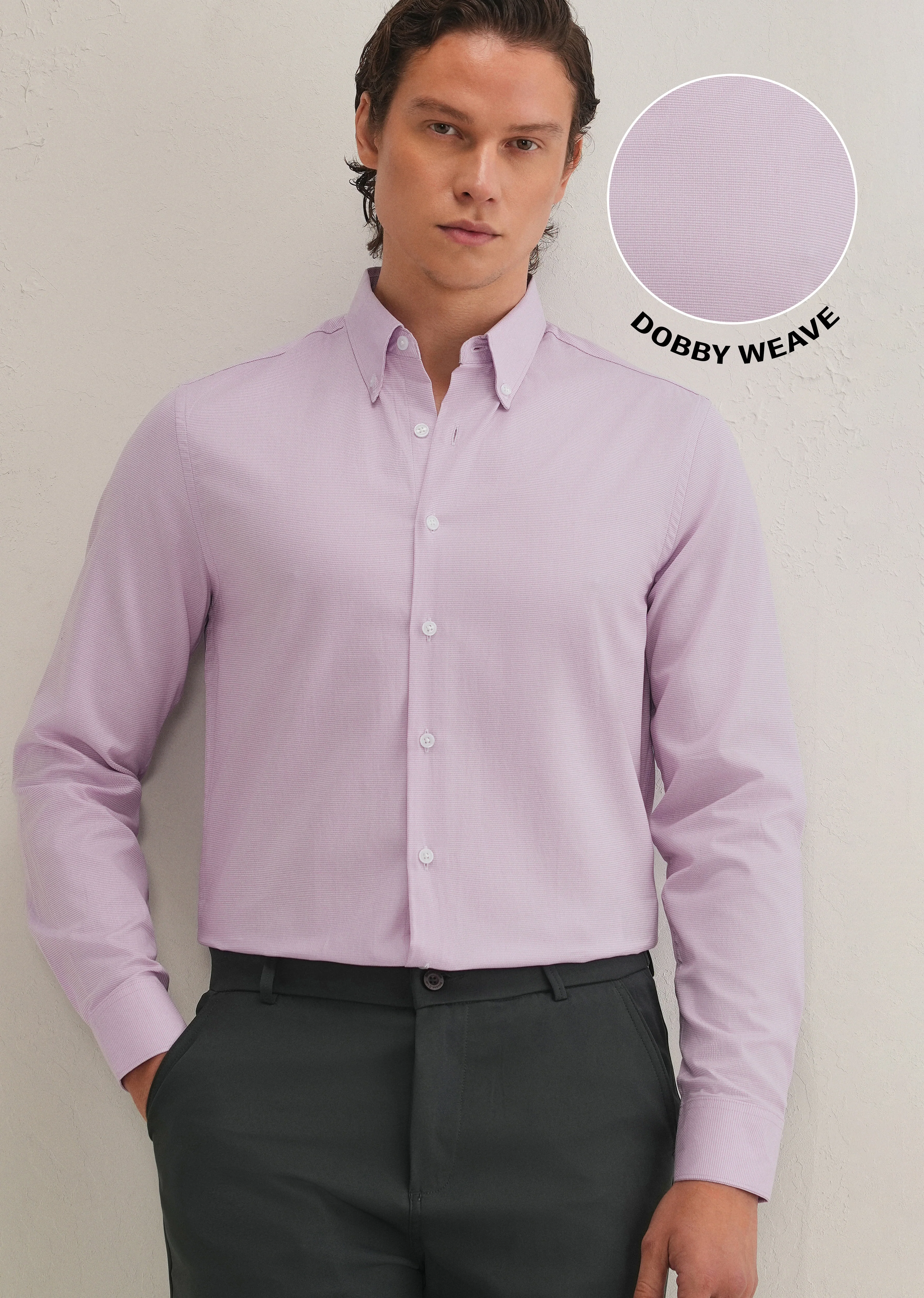 Light Lilac Houndstooth Dobby Check Shirt - Image 7
