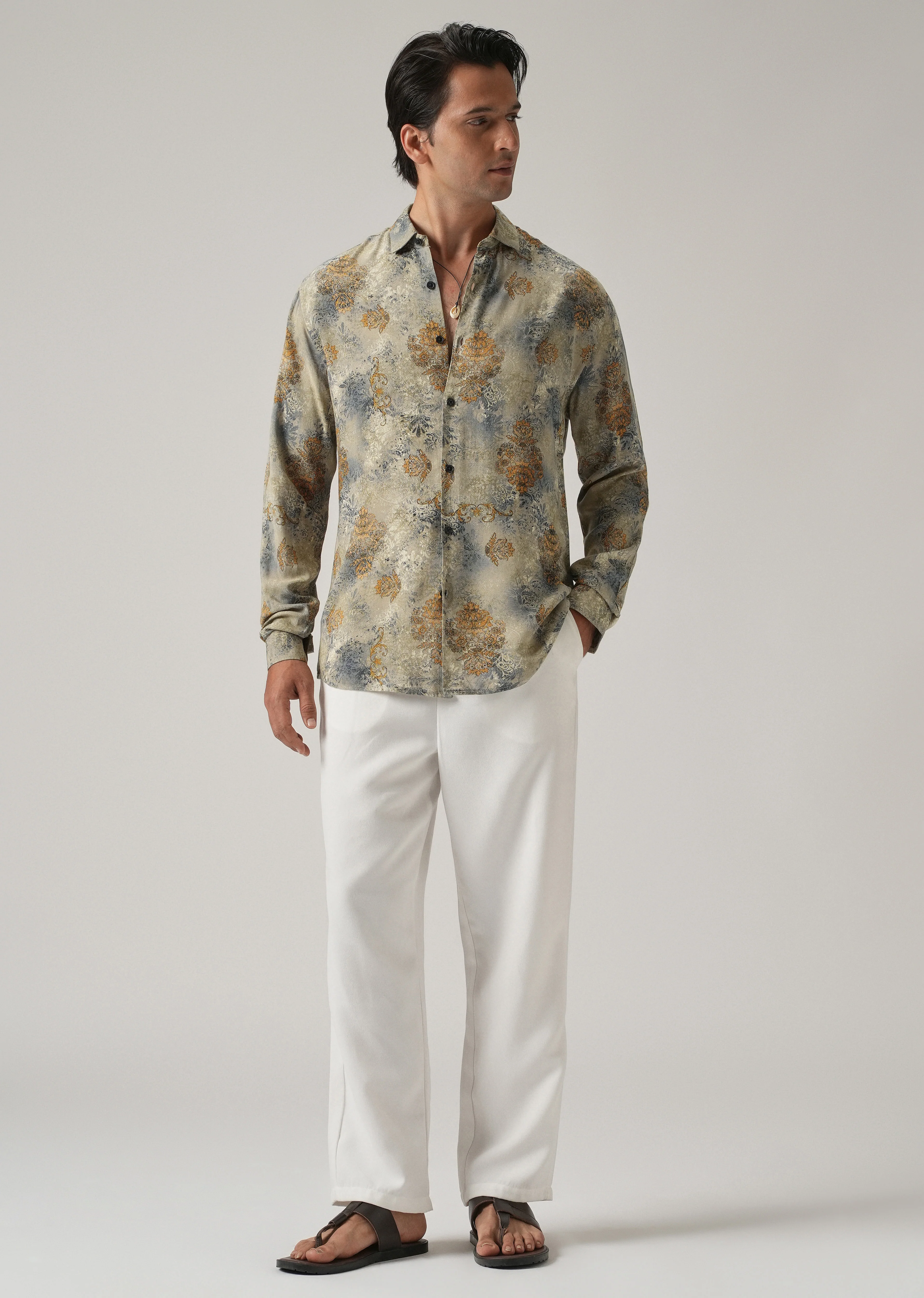 Light Olive Floral Print Feather Shirt - Image 6