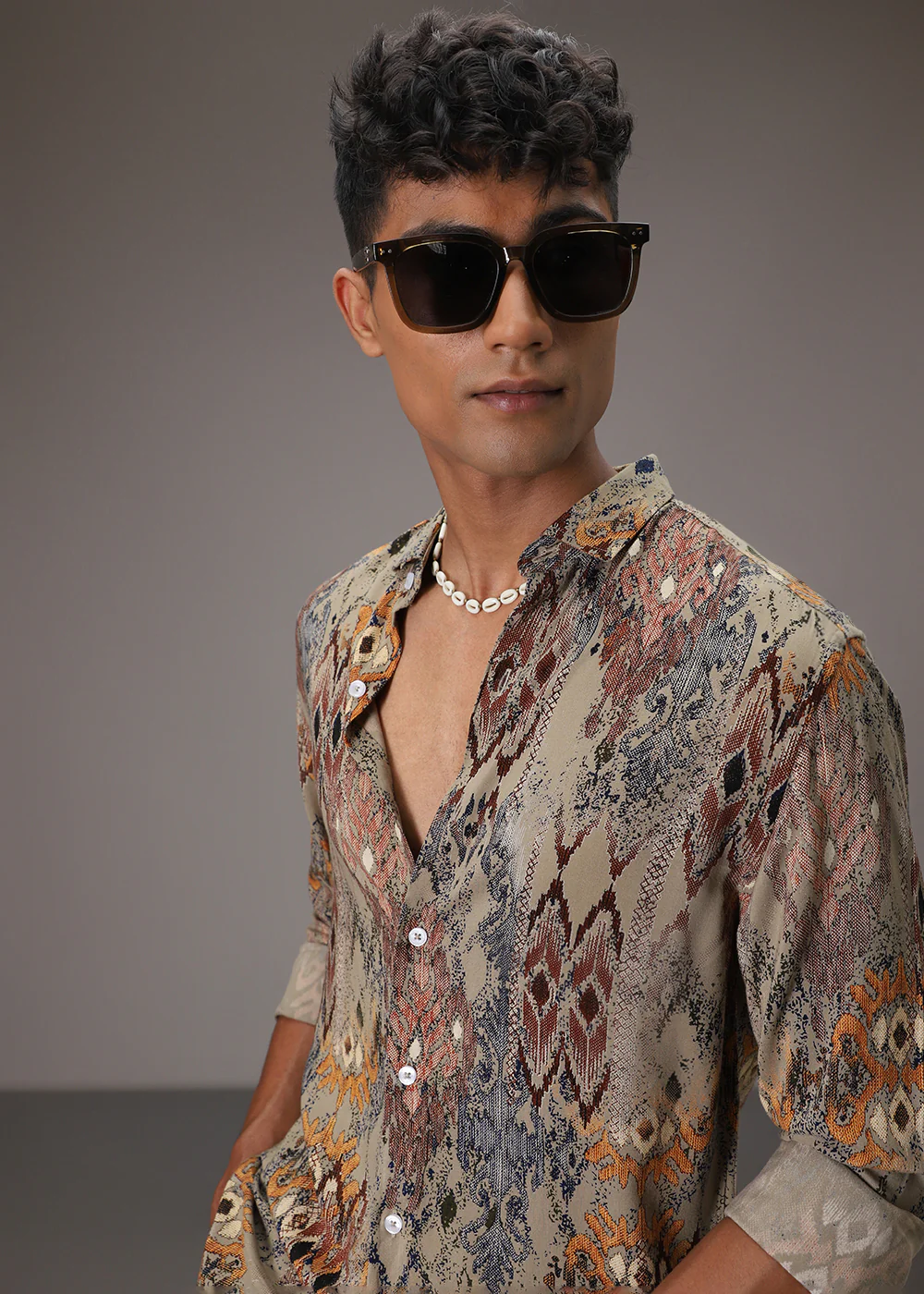Light Olive Printed Feather Shirt - Image 5