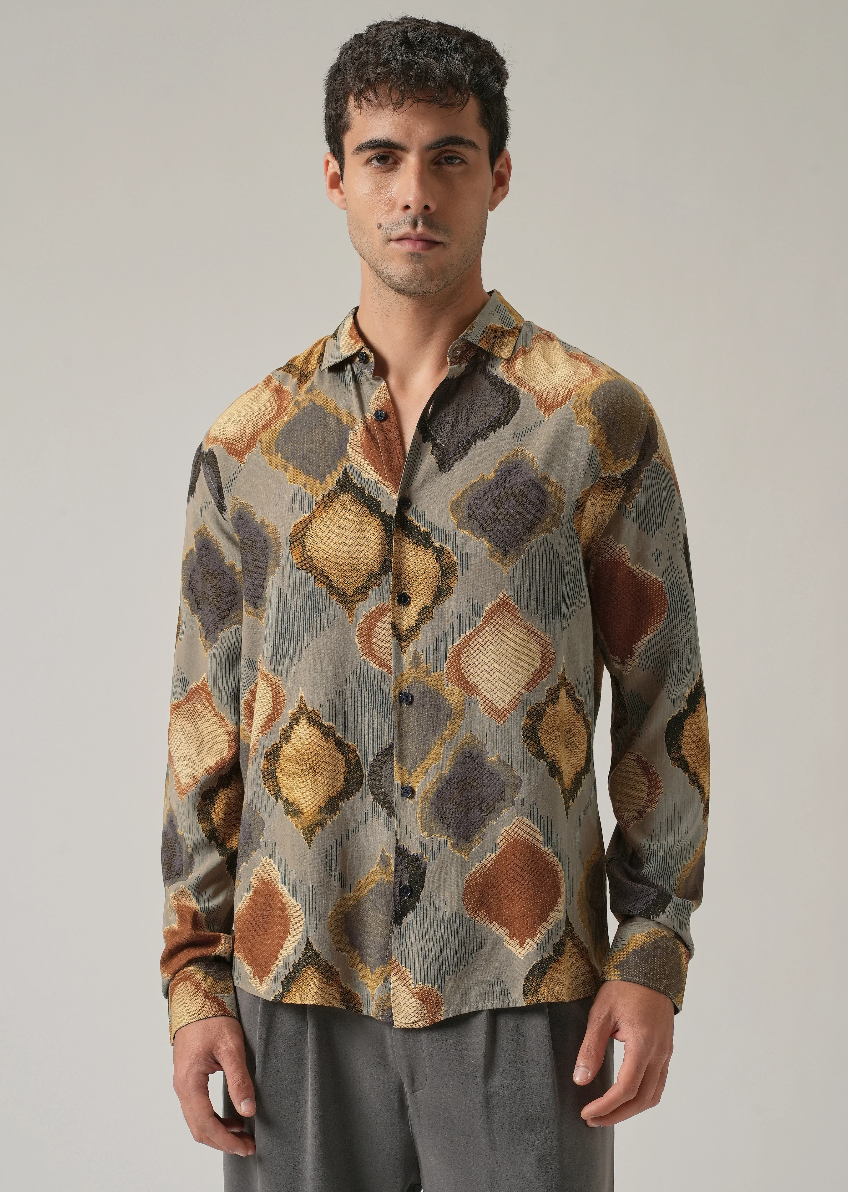 Light Olive Rustic Print Feather Shirt - Image 3