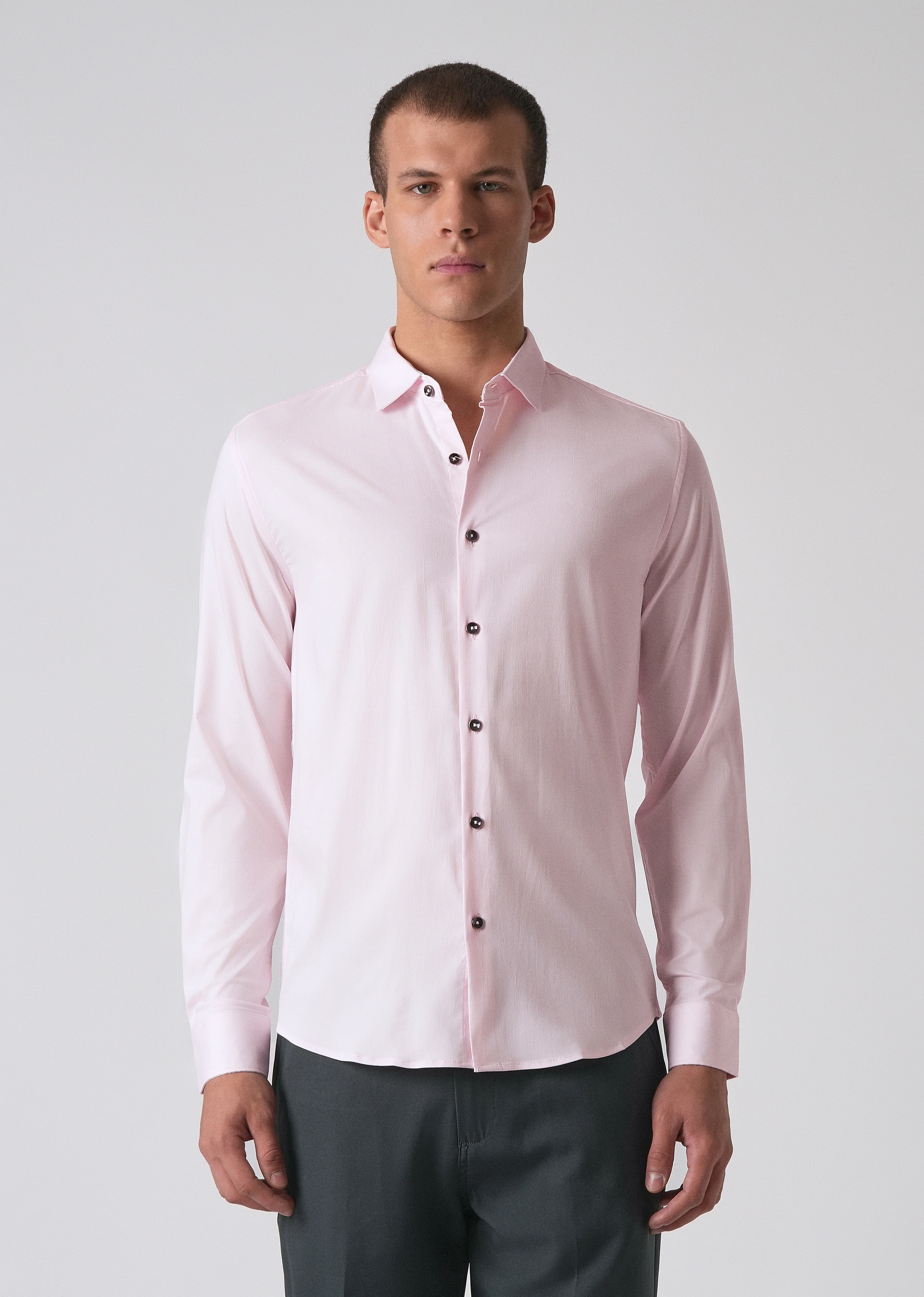 Light Pink Cotton Stretch Plain Shirt - Image 3