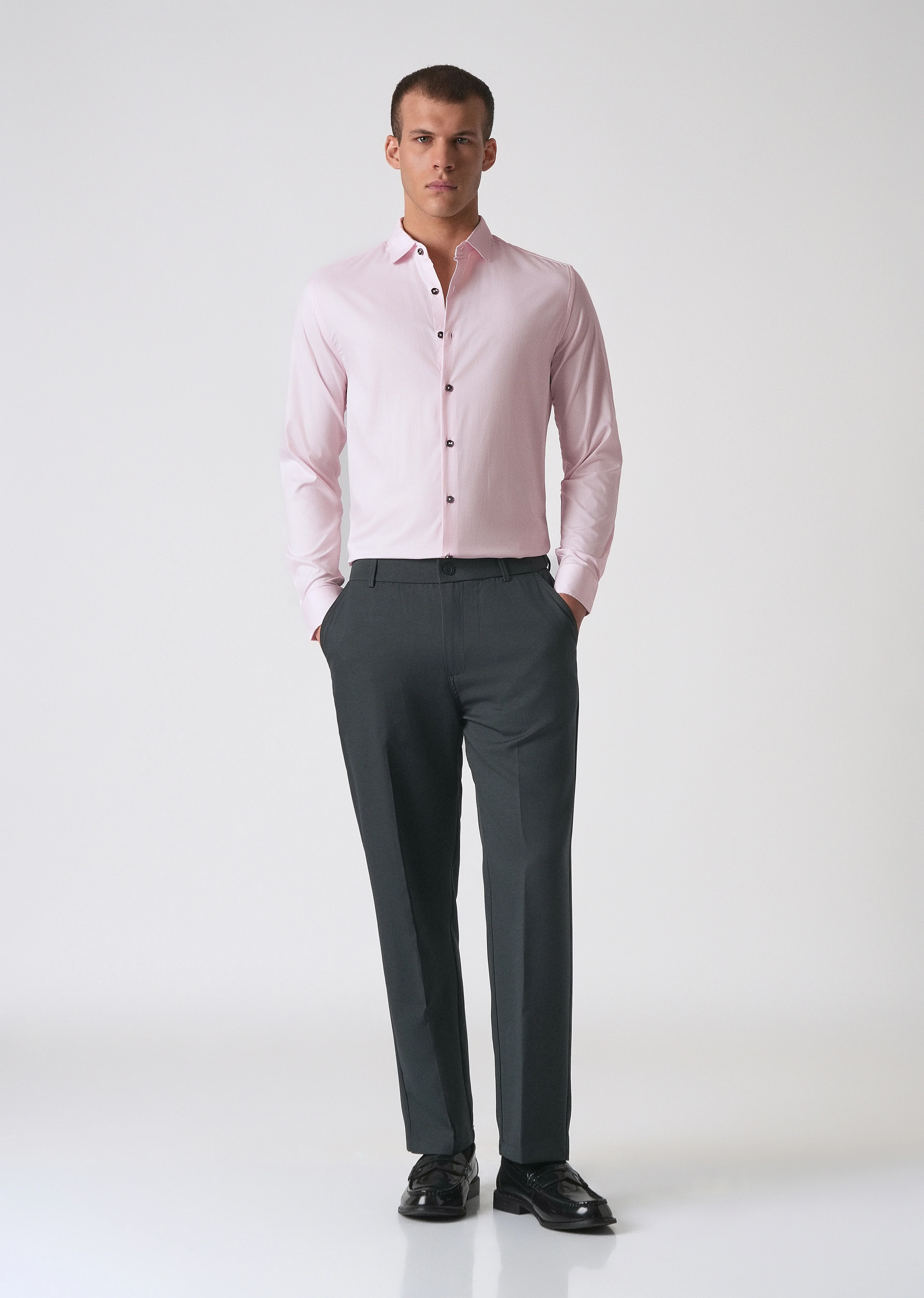 Light Pink Cotton Stretch Plain Shirt - Image 6