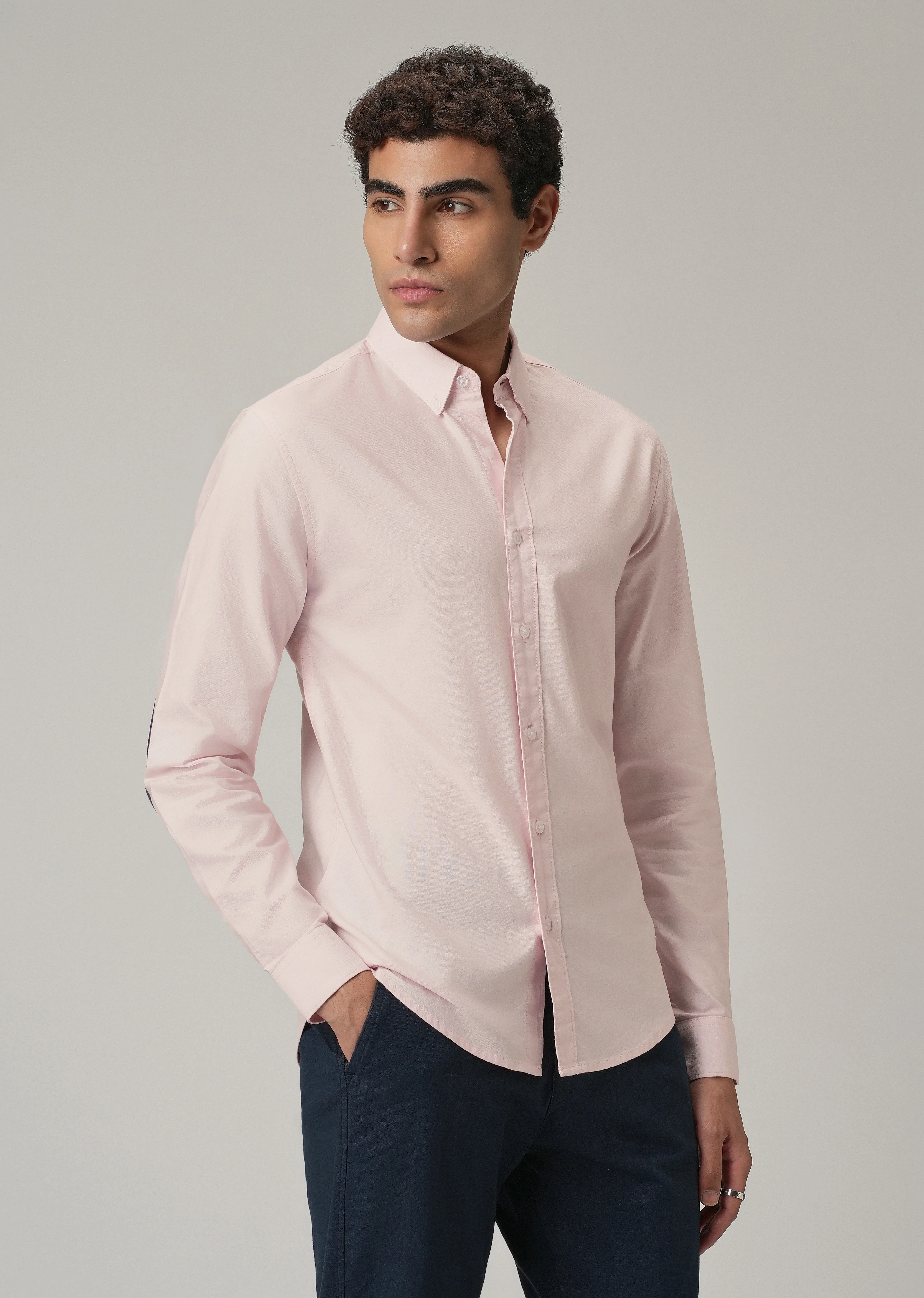 Light Pink Plain Elbow Patch Oxford Shirt - Image 5