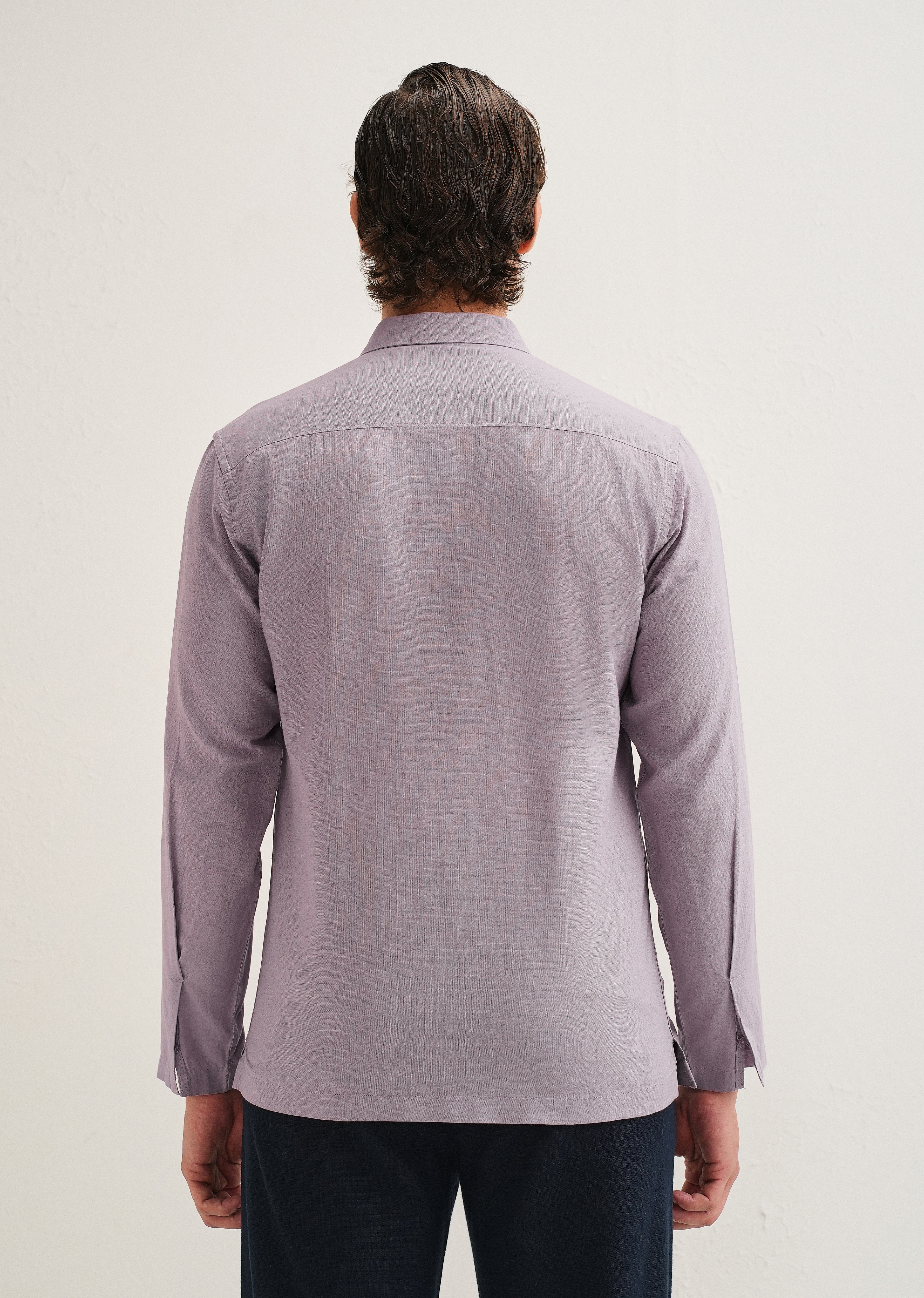 Light Purple Hidden Sleeve Placket Cotton Linen Shirt - Image 4
