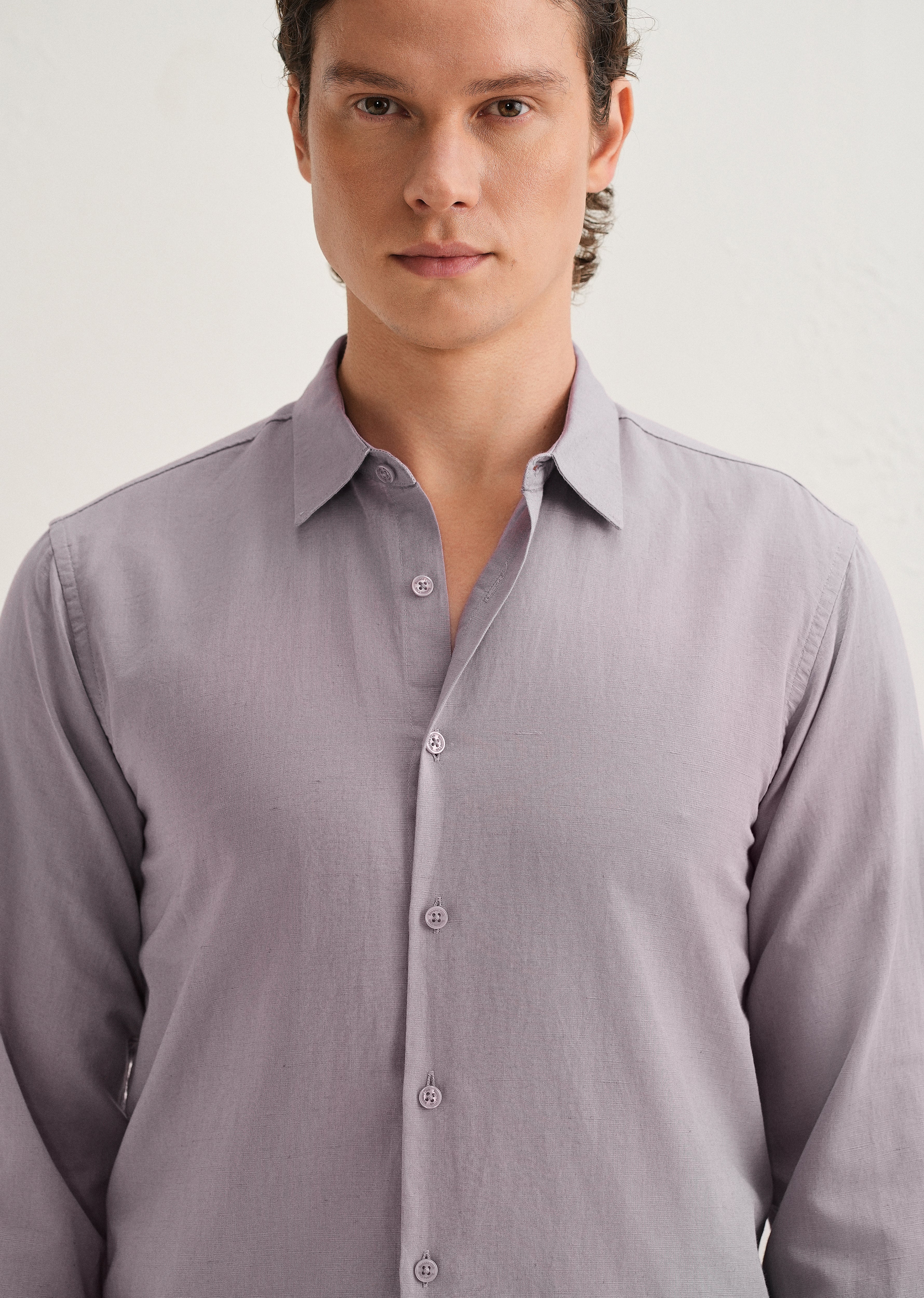 Light Purple Hidden Sleeve Placket Cotton Linen Shirt - Image 6