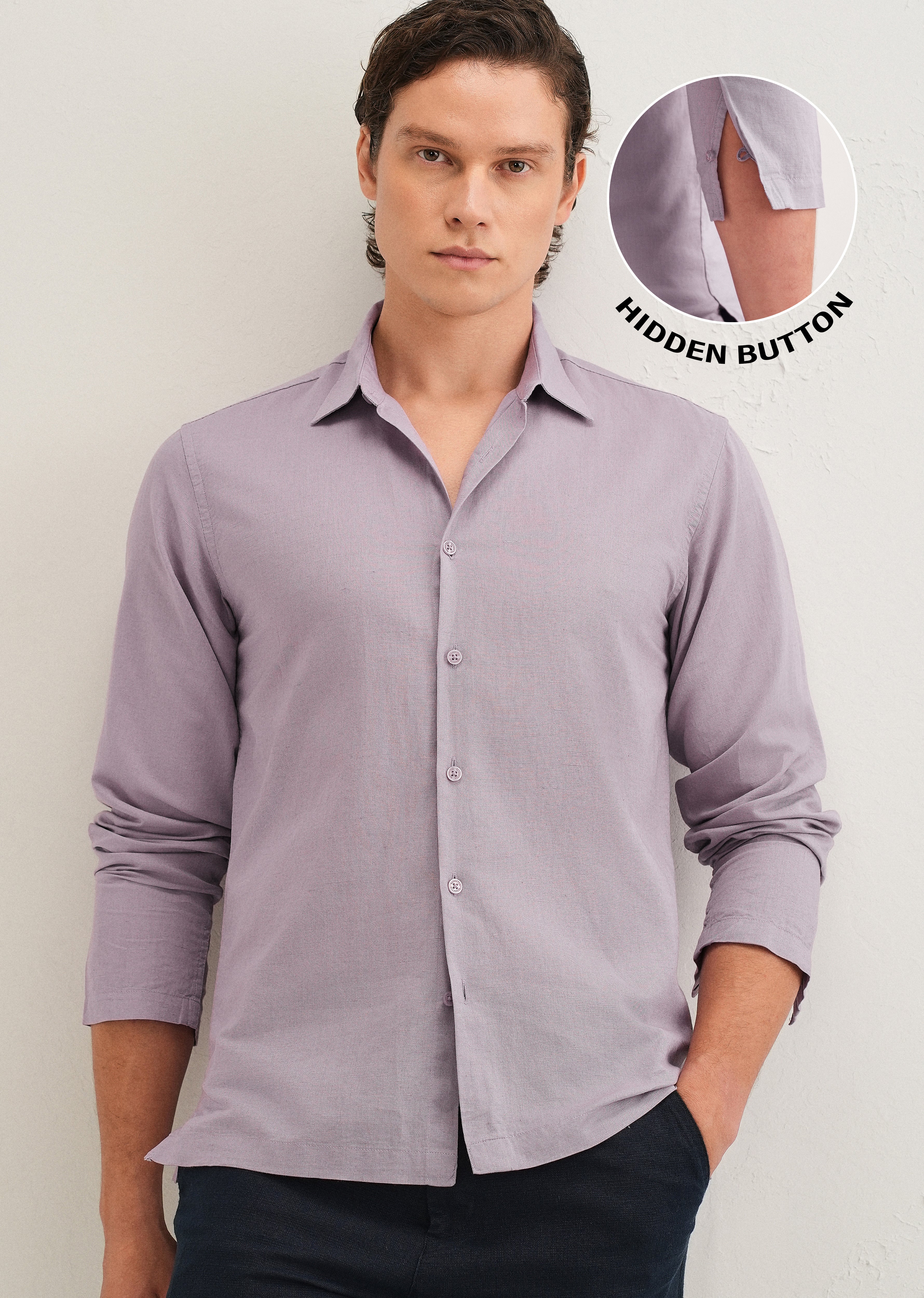 Light Purple Hidden Sleeve Placket Cotton Linen Shirt - Image 9