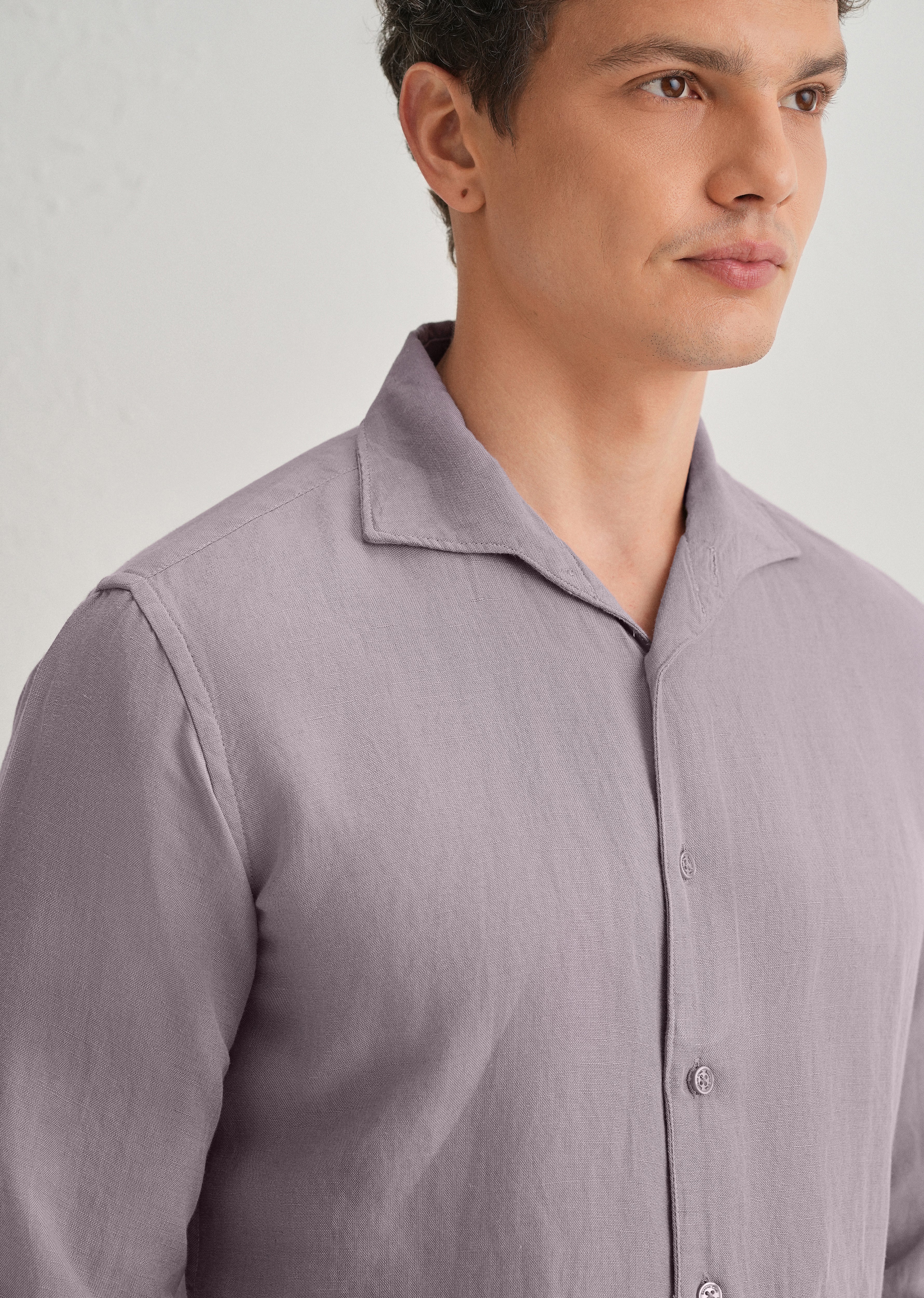 Light Purple Plain Linen Viscose Shirt - Image 2