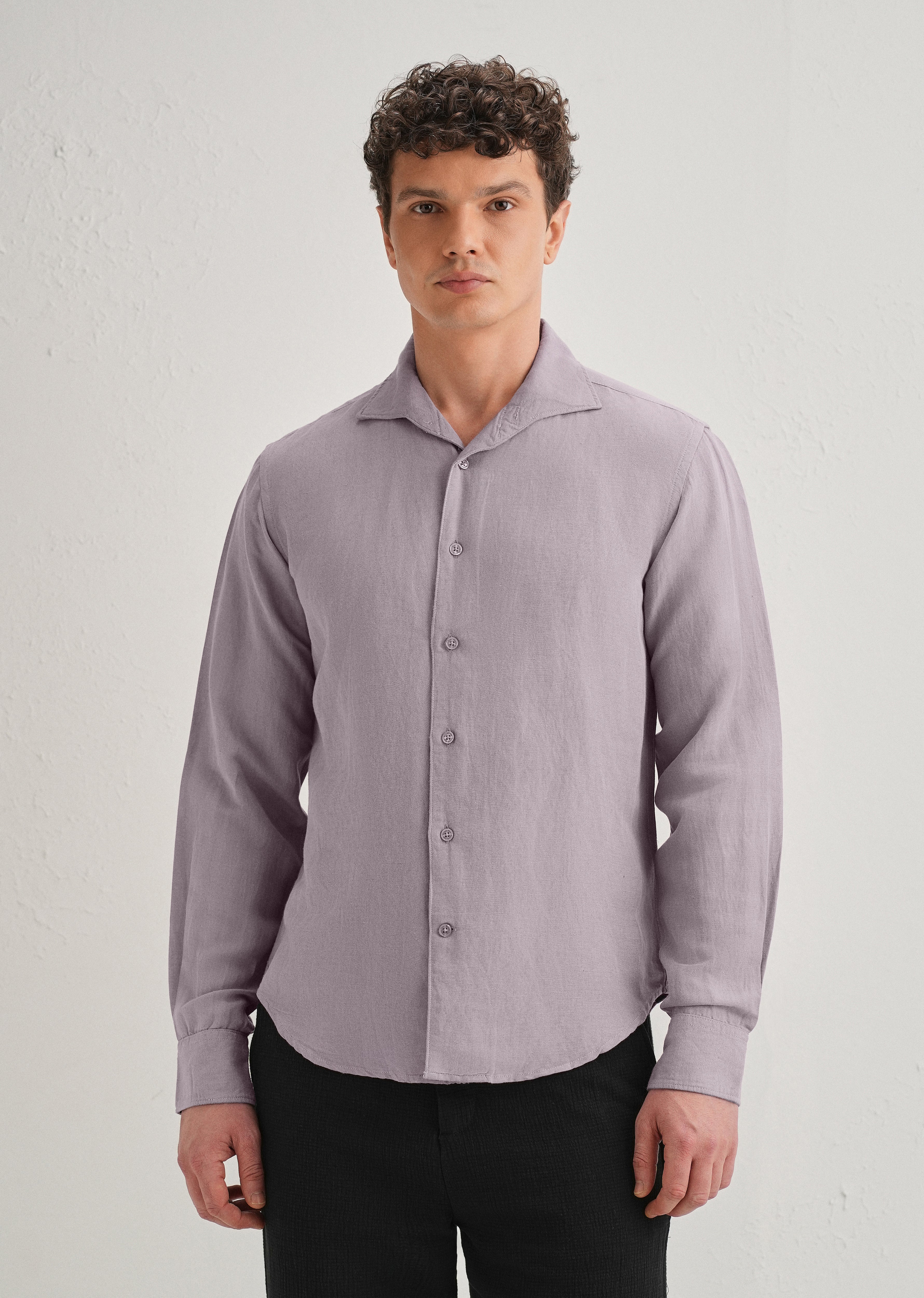 Light Purple Plain Linen Viscose Shirt - Image 4