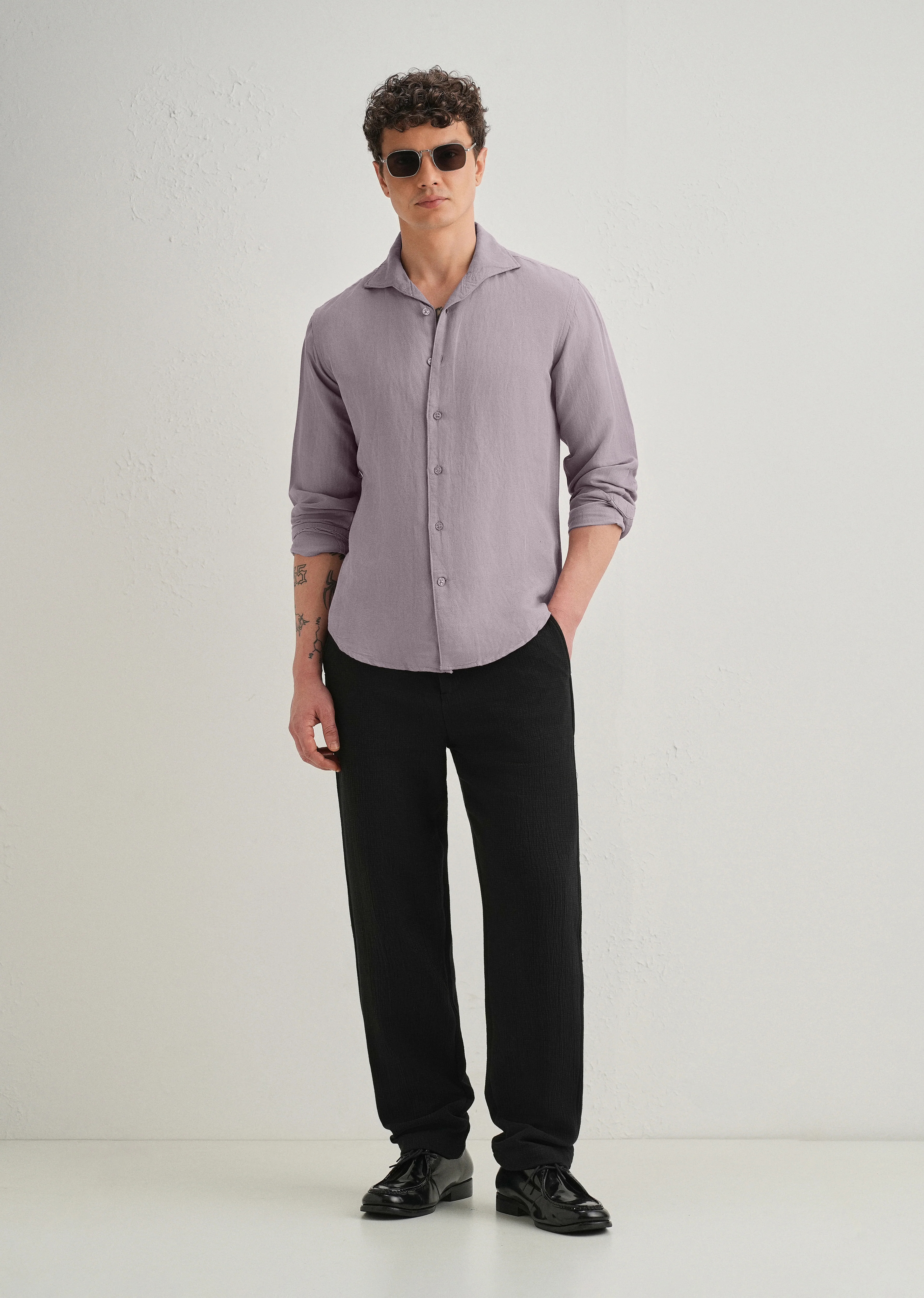 Light Purple Plain Linen Viscose Shirt - Image 6