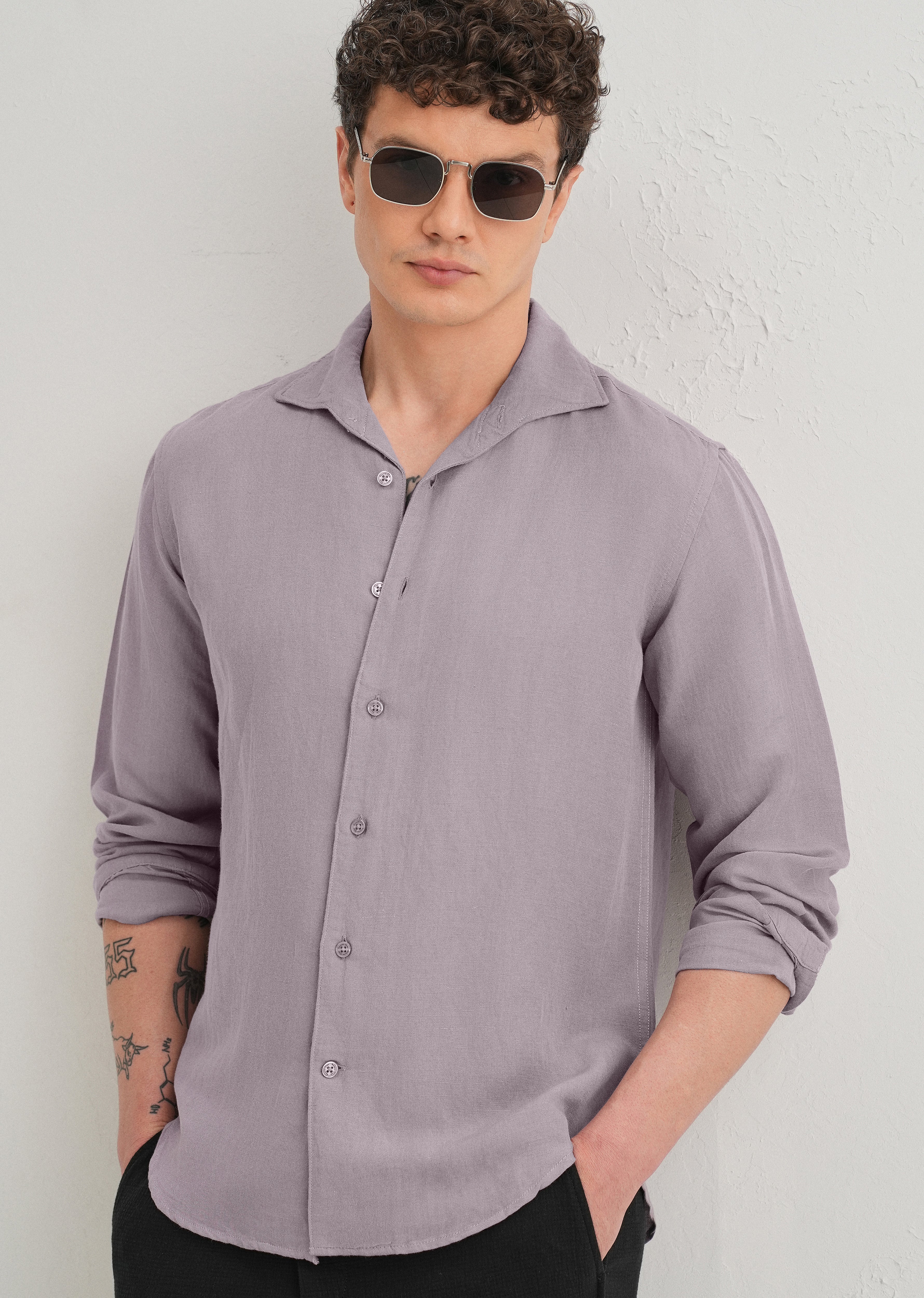 Light Purple Plain Linen Viscose Shirt - Image 7