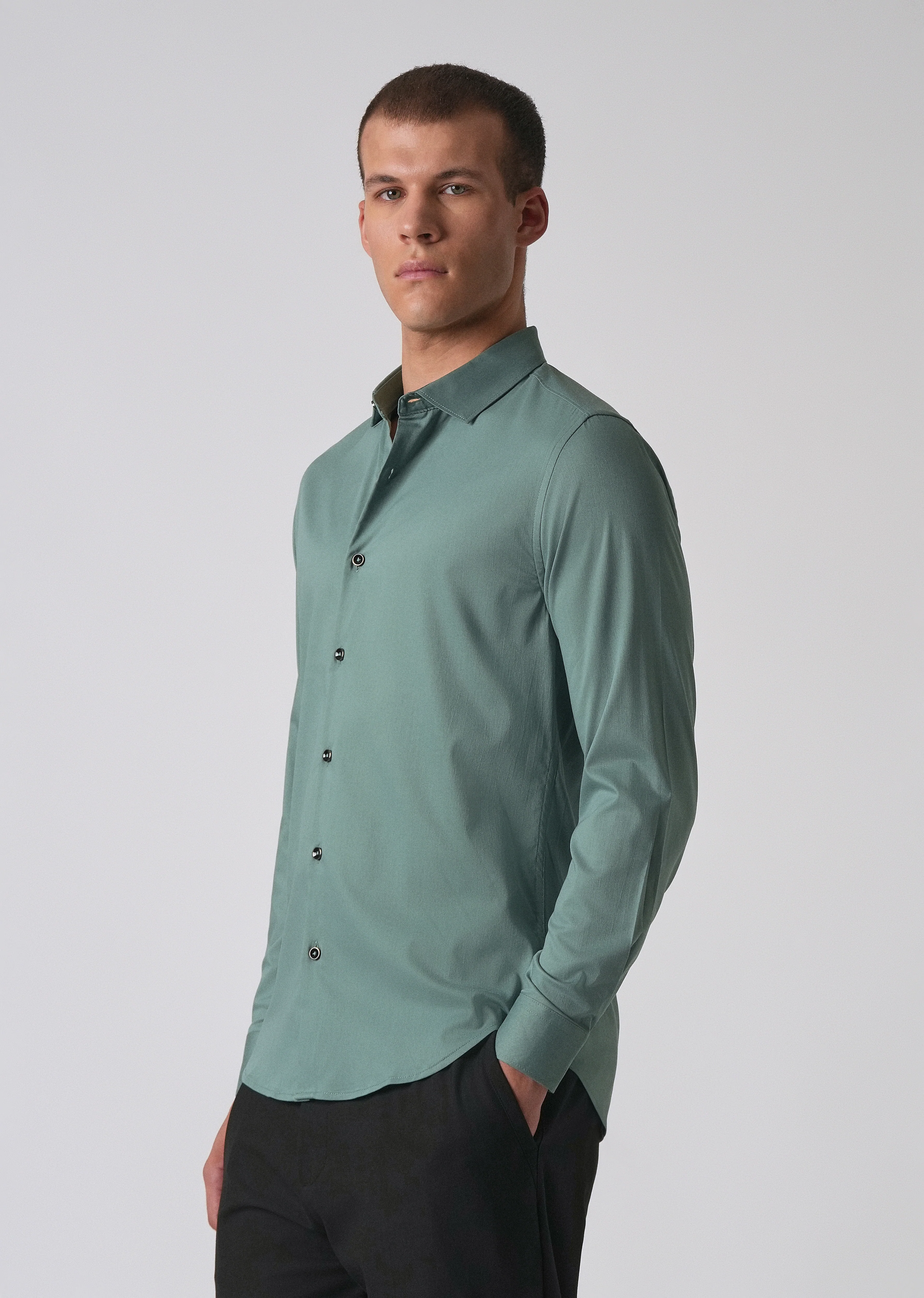 Light Sea Green Cotton Stretch Plain Shirt - Image 4