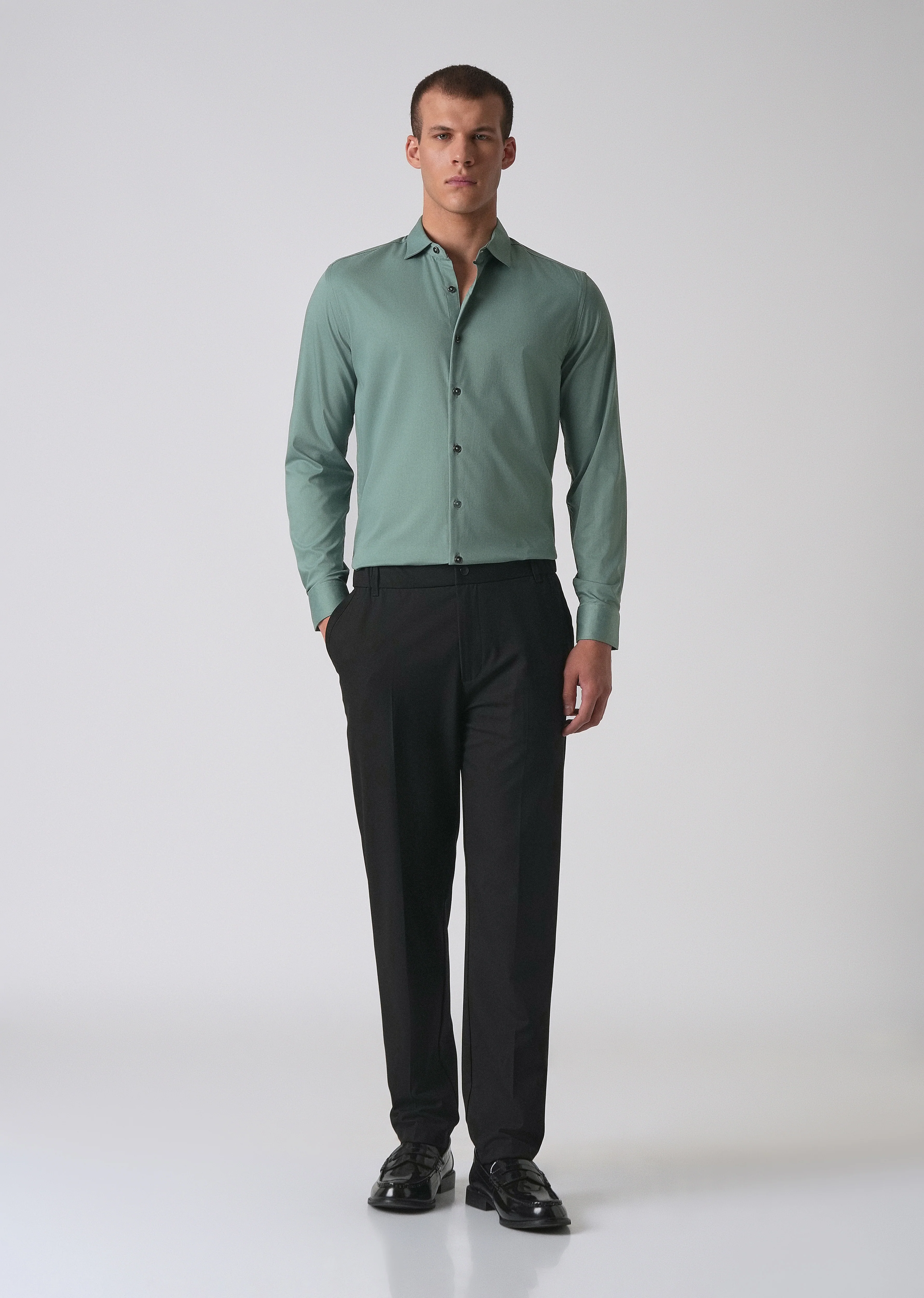 Light Sea Green Cotton Stretch Plain Shirt - Image 6
