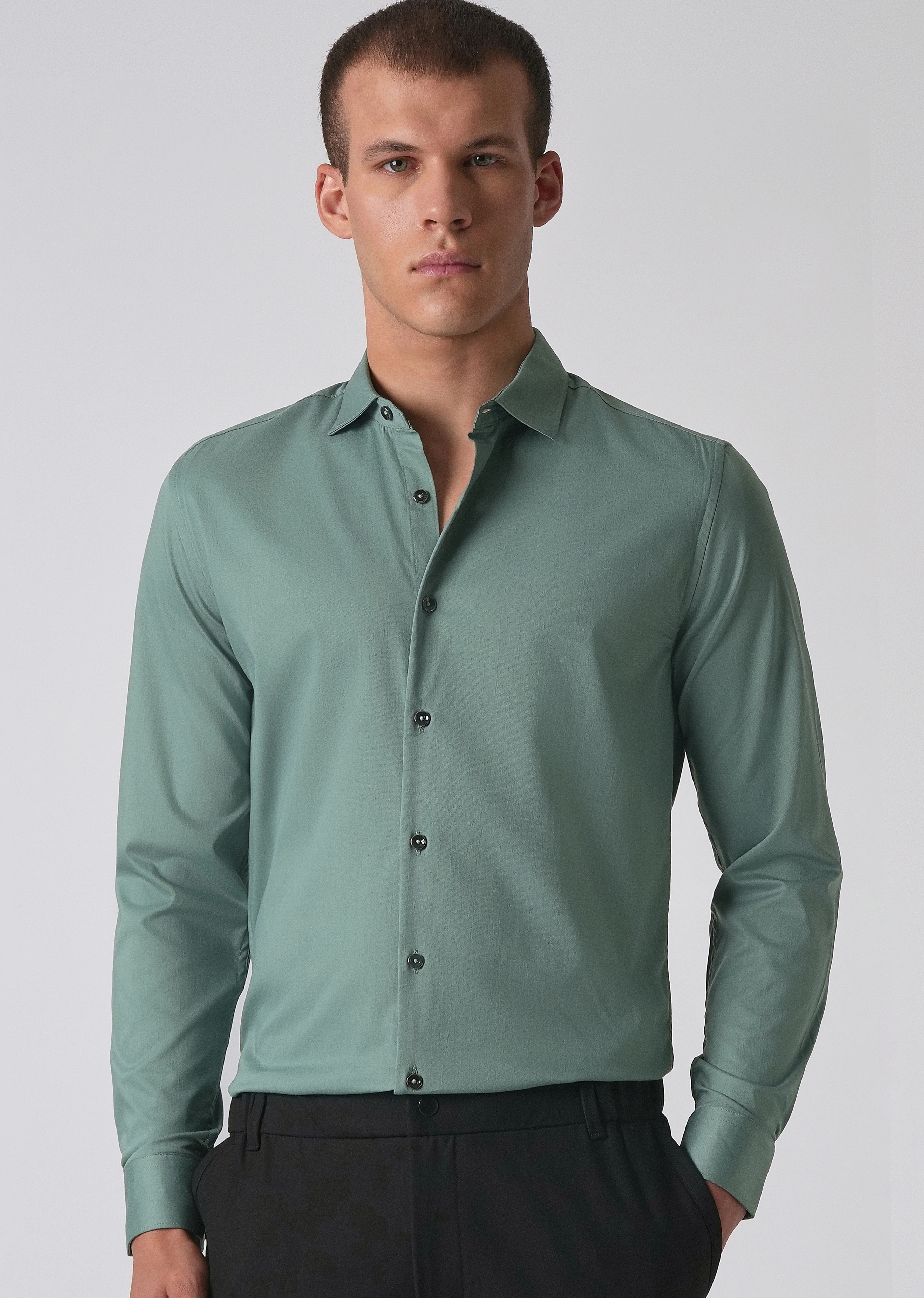 Light Sea Green Cotton Stretch Plain Shirt - Image 7