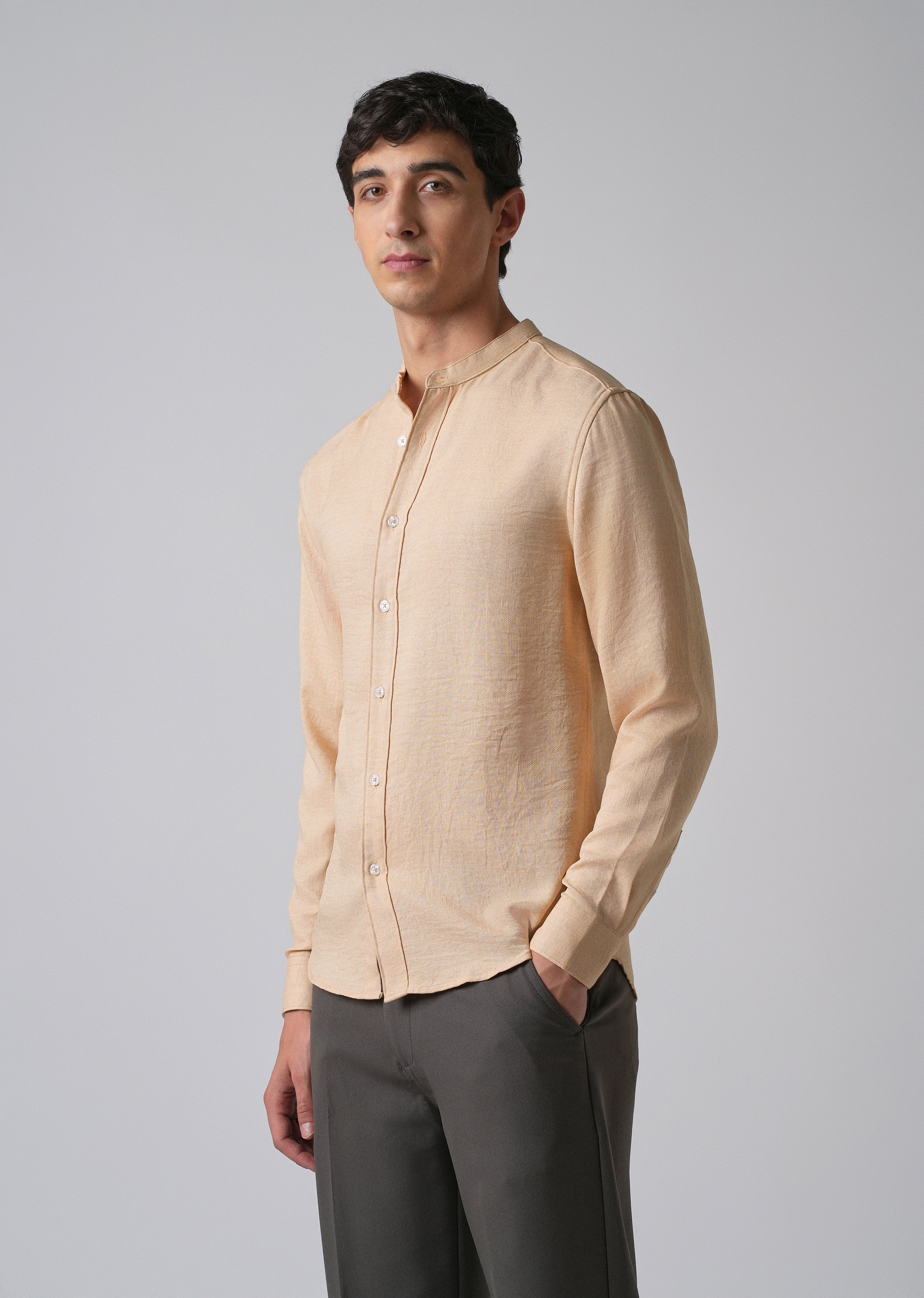 Light Tan Plain Mandarin Collar Shirt - Image 4