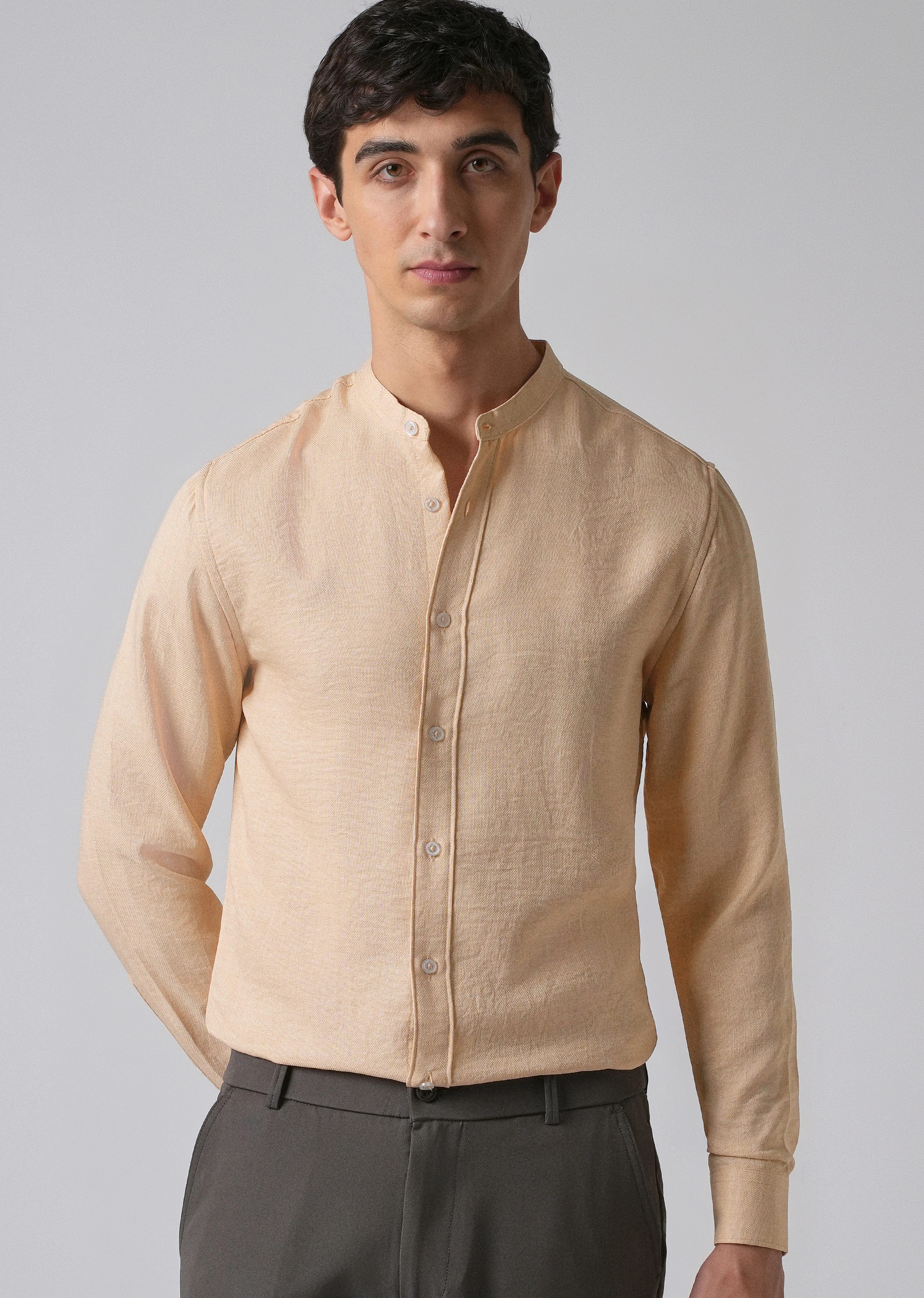 Light Tan Plain Mandarin Collar Shirt - Image 7