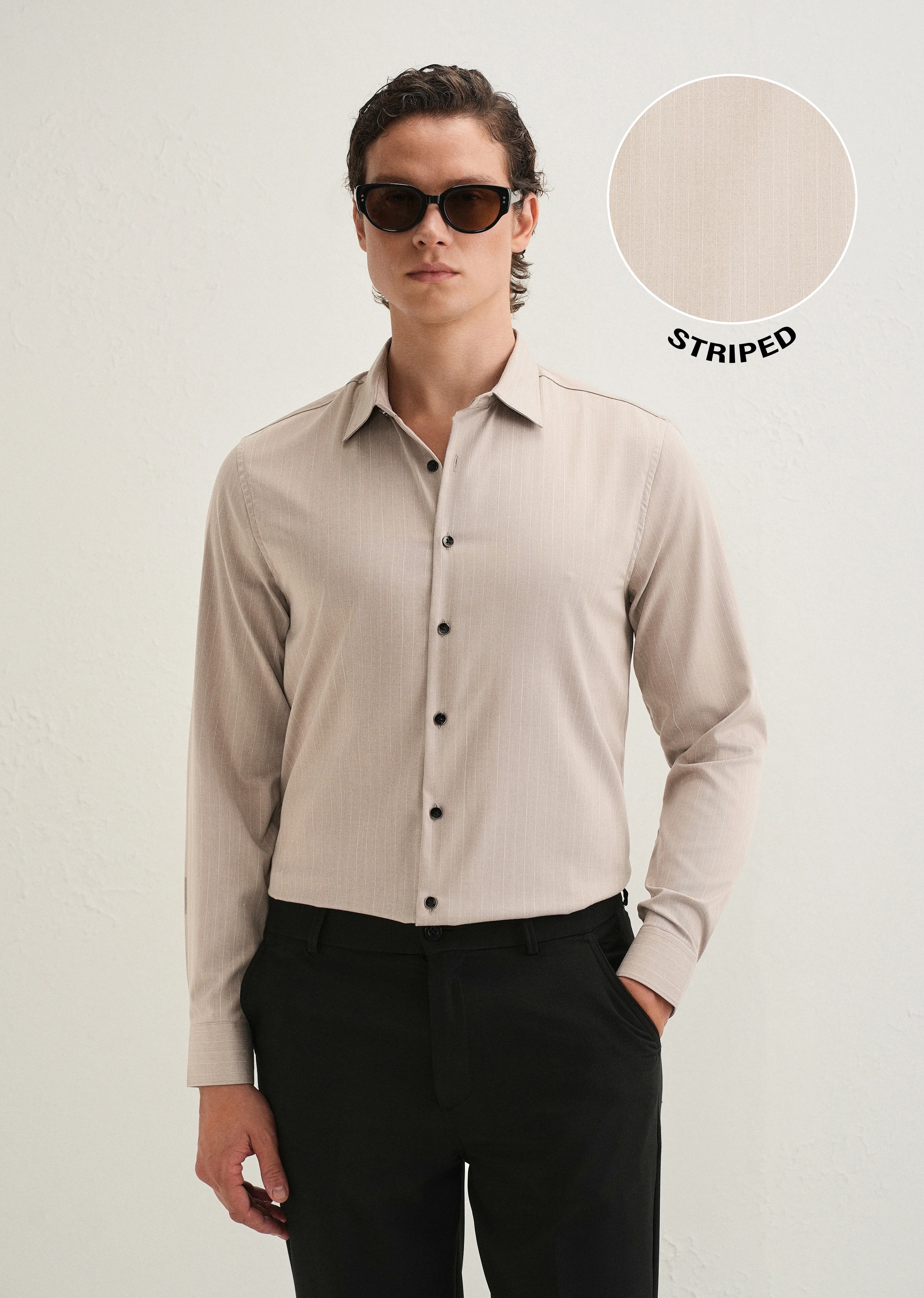 Light Taupe Pin Striped Wrinkle Free Shirt - Image 3