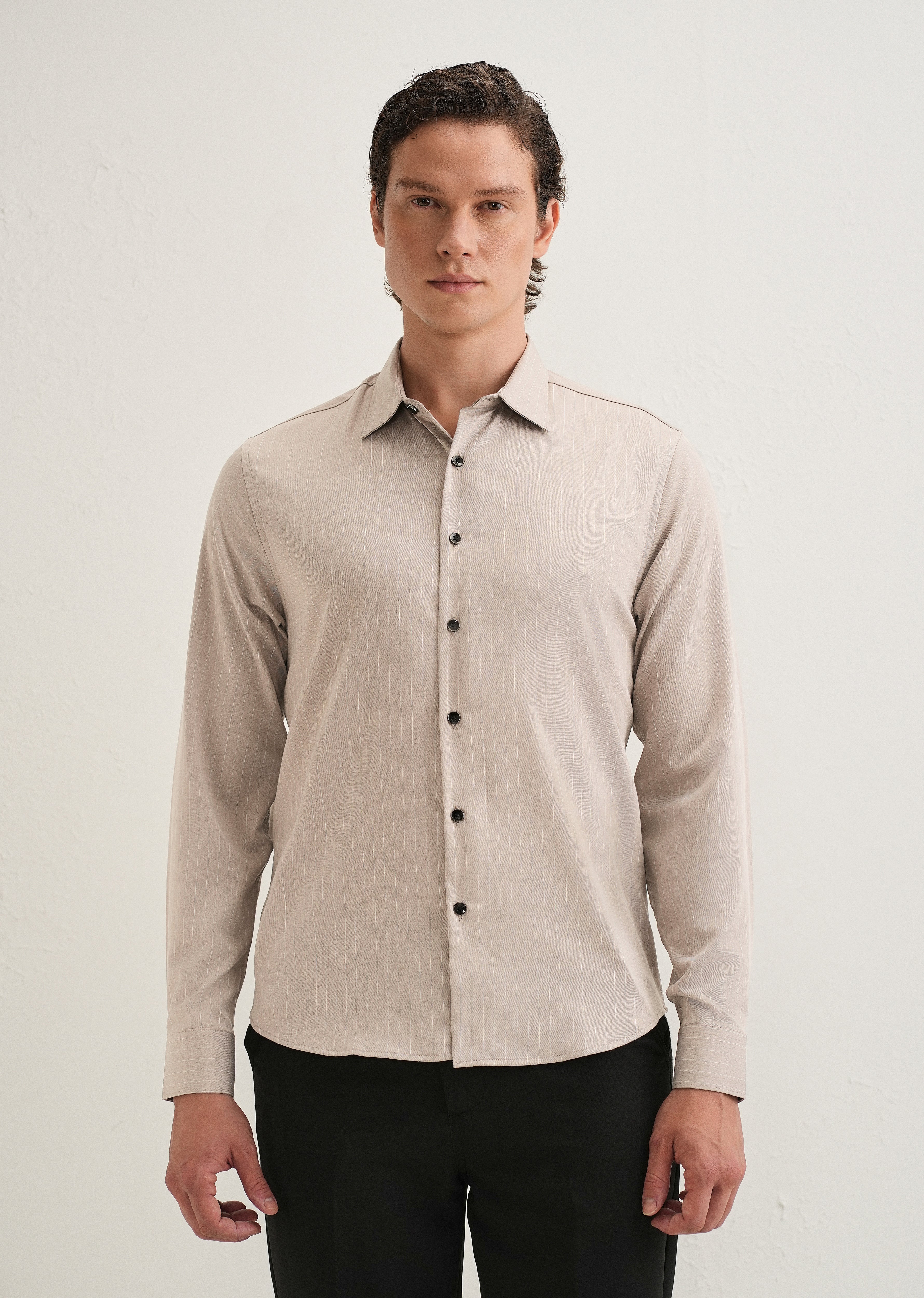 Light Taupe Pin Striped Wrinkle Free Shirt - Image 4