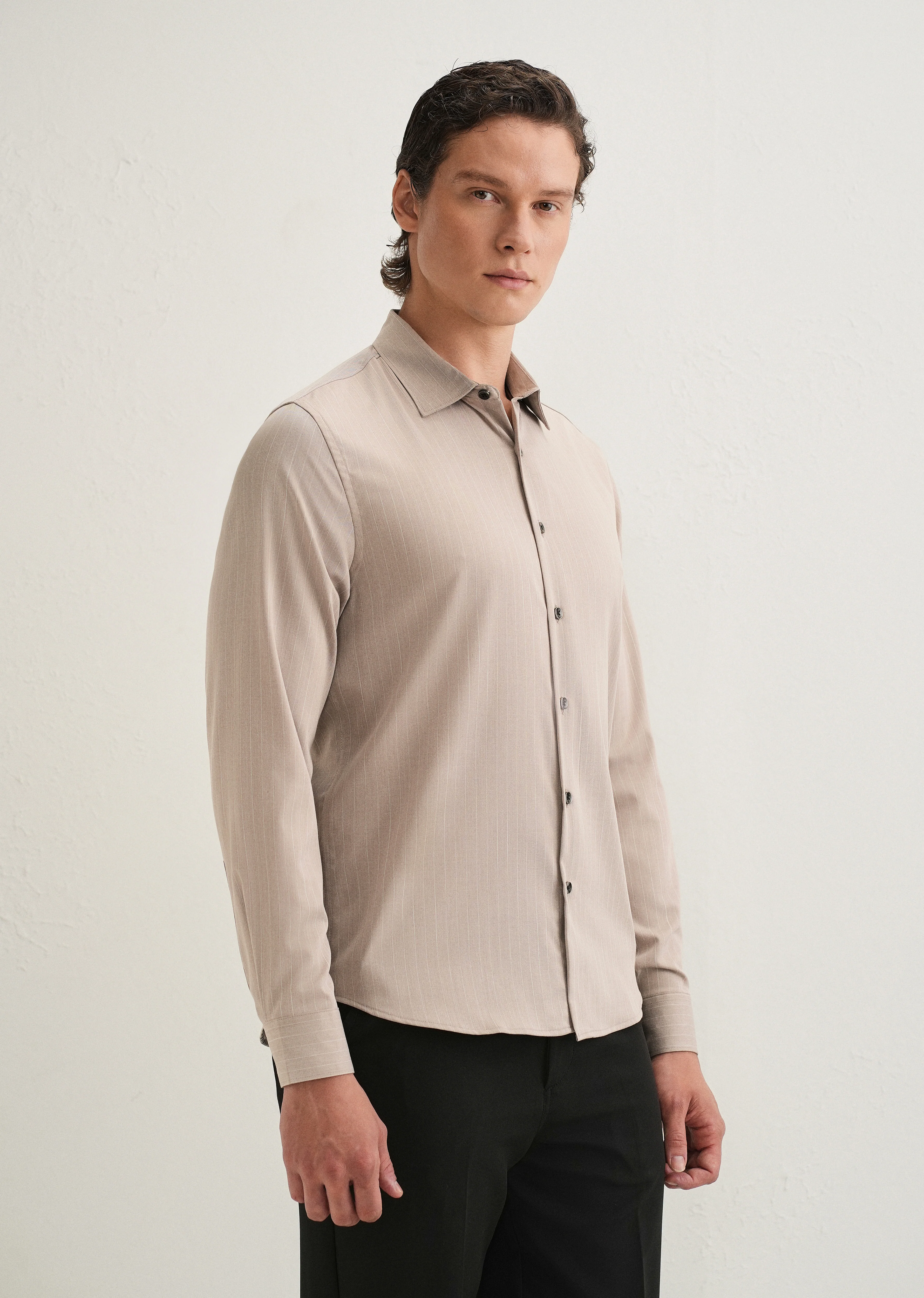 Light Taupe Pin Striped Wrinkle Free Shirt - Image 6