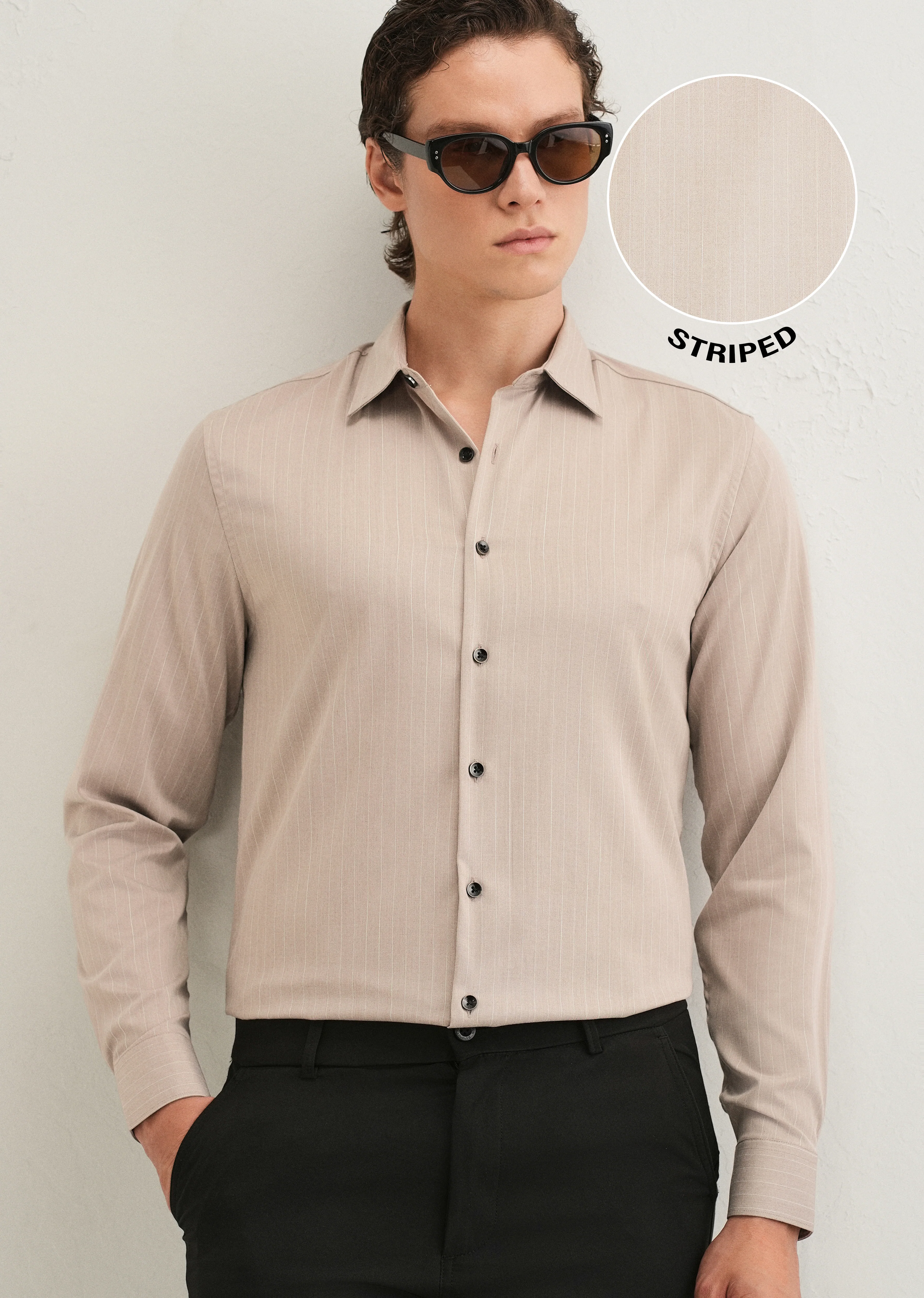 Light Taupe Pin Striped Wrinkle Free Shirt - Image 8