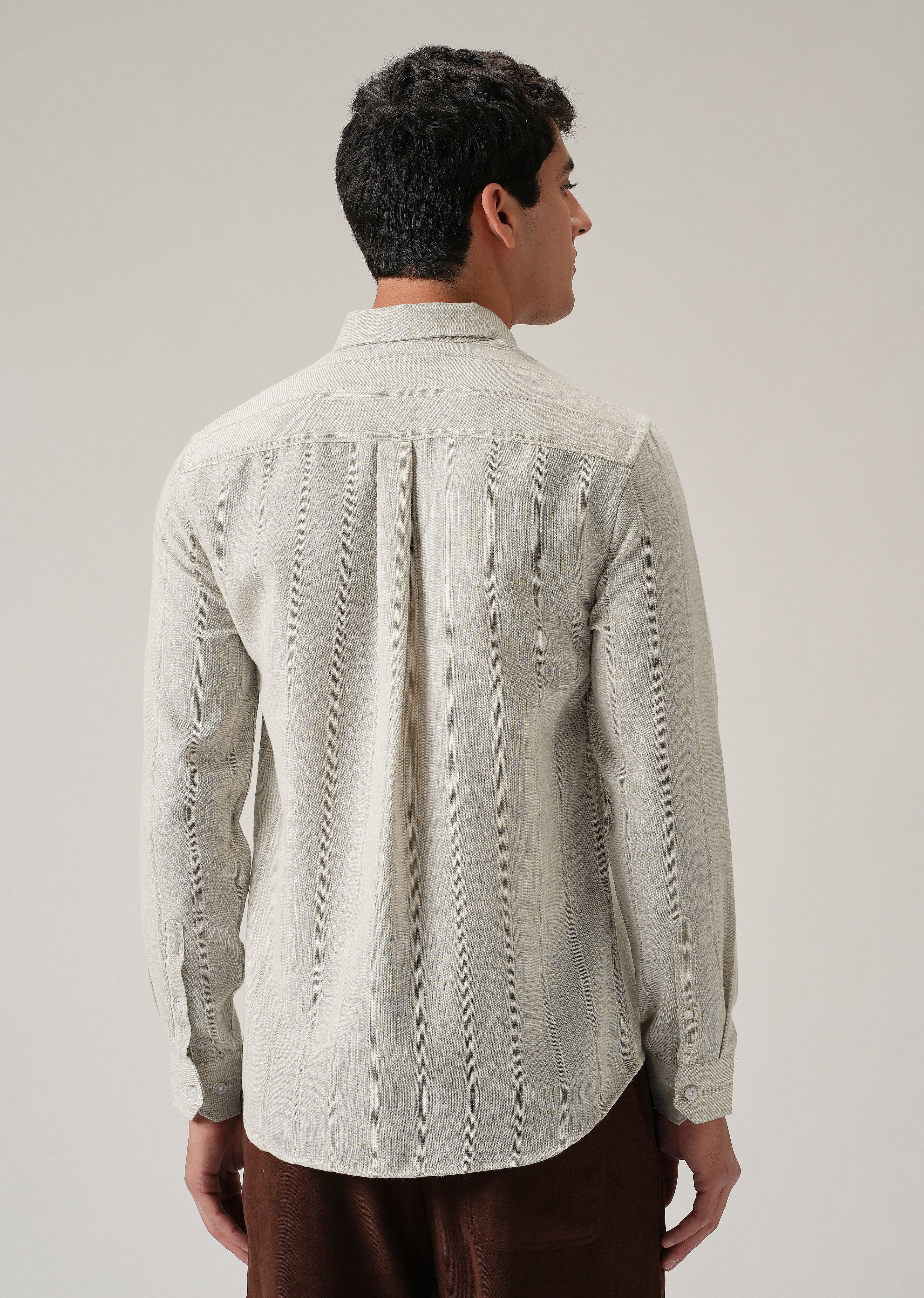 Light Taupe Stripe Blended Linen Shirt - Image 2