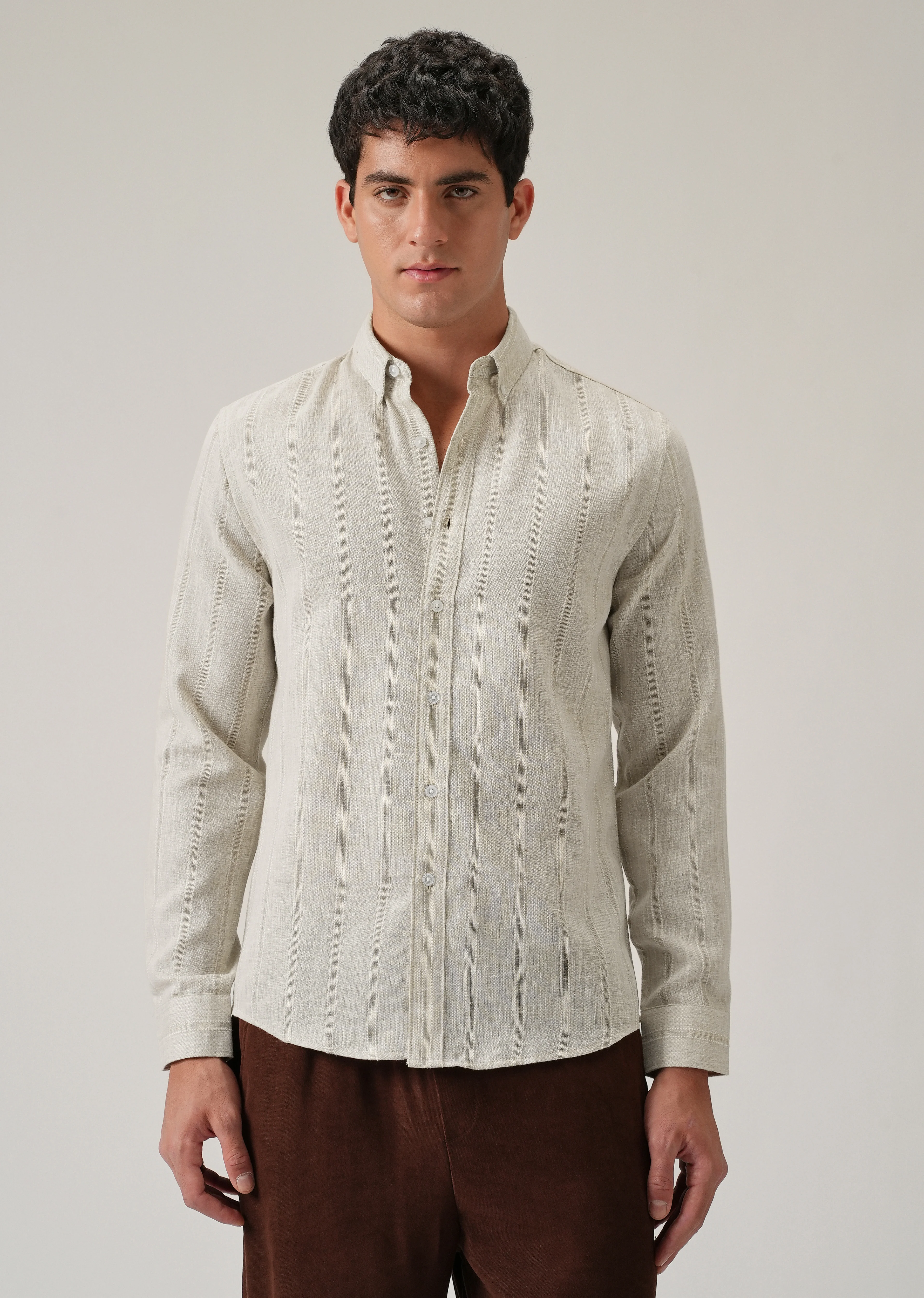 Light Taupe Stripe Blended Linen Shirt - Image 3