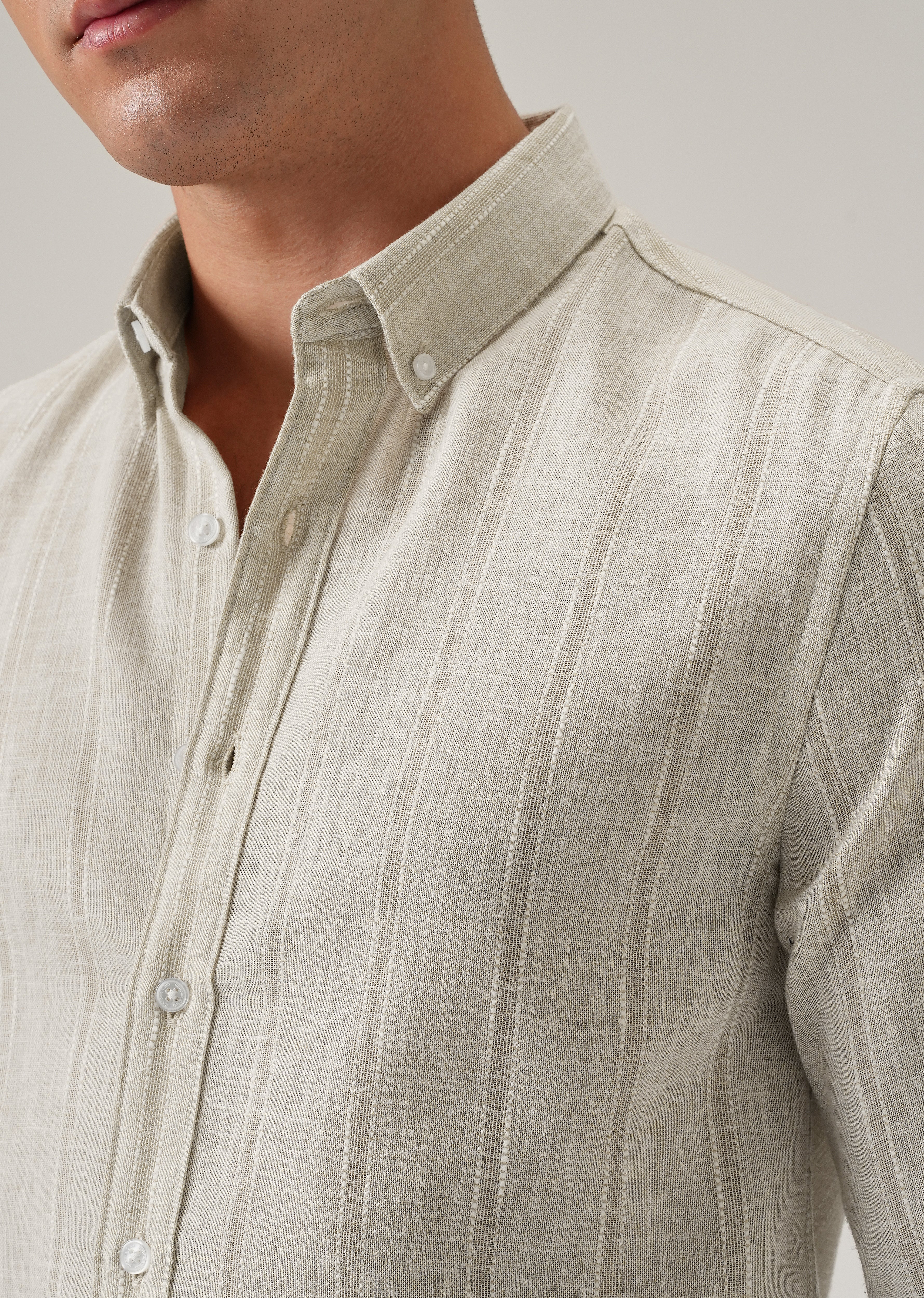 Light Taupe Stripe Blended Linen Shirt - Image 5