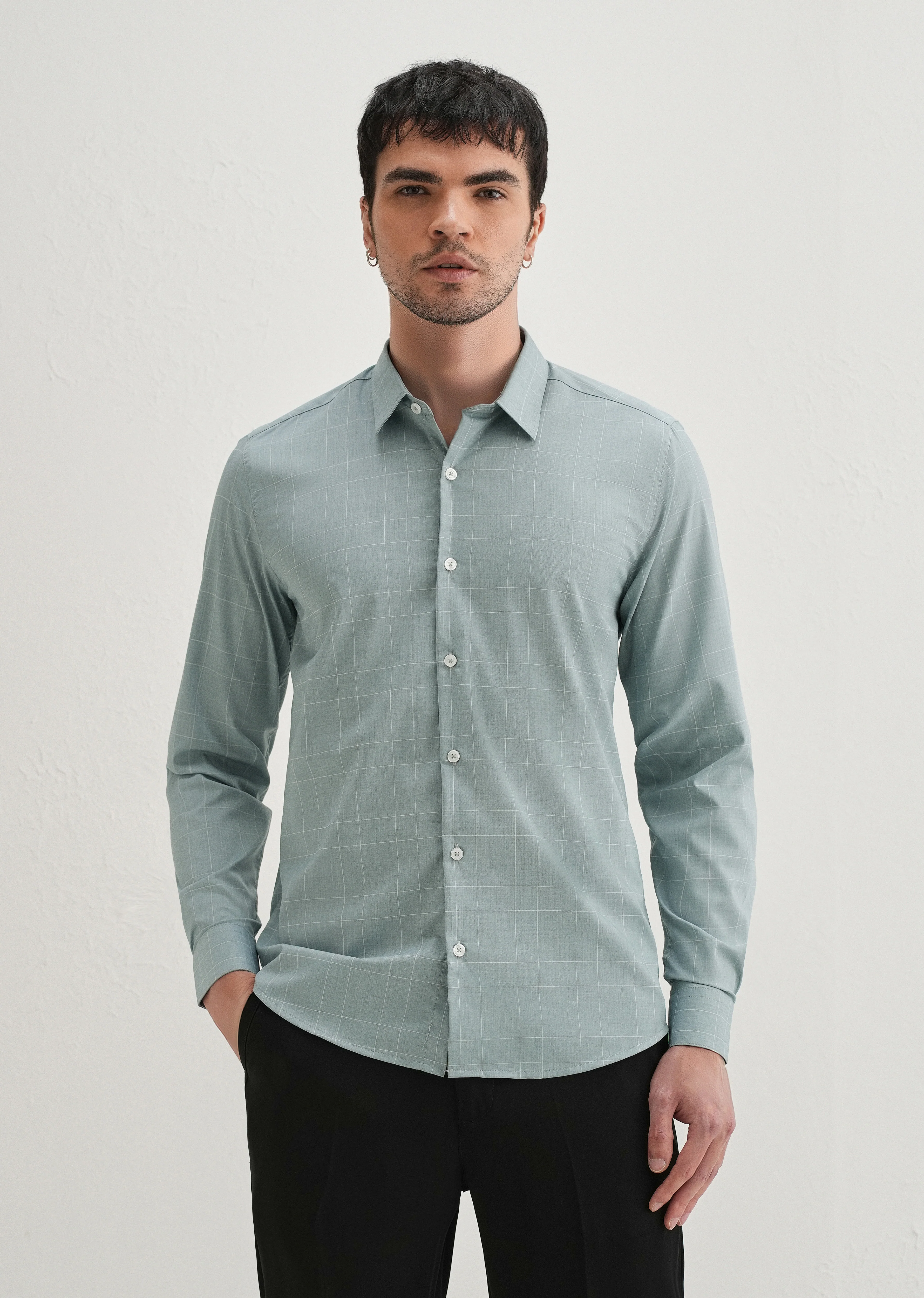 Light Teal Windowpane Check Shirt - Image 3