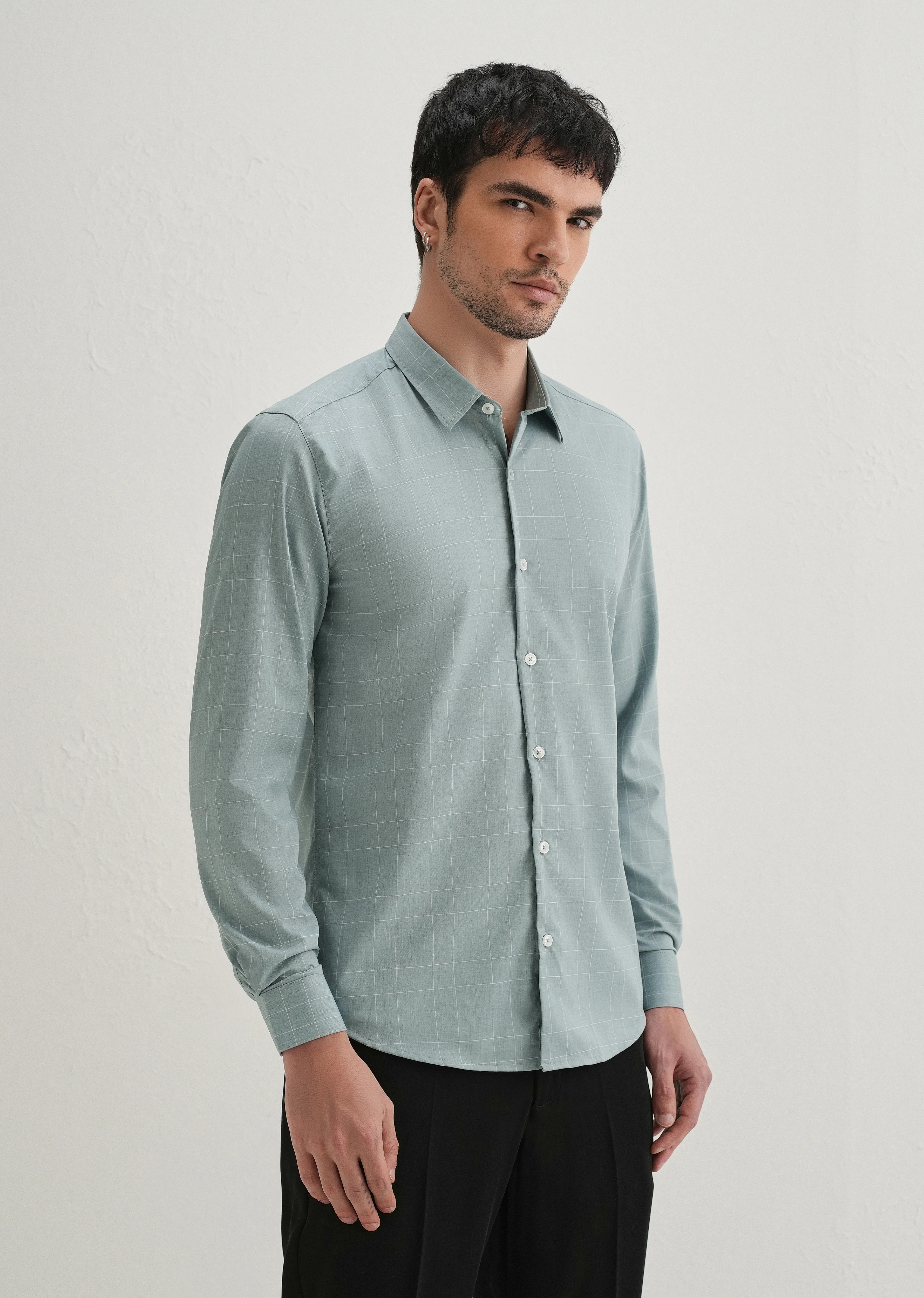 Light Teal Windowpane Check Shirt - Image 4