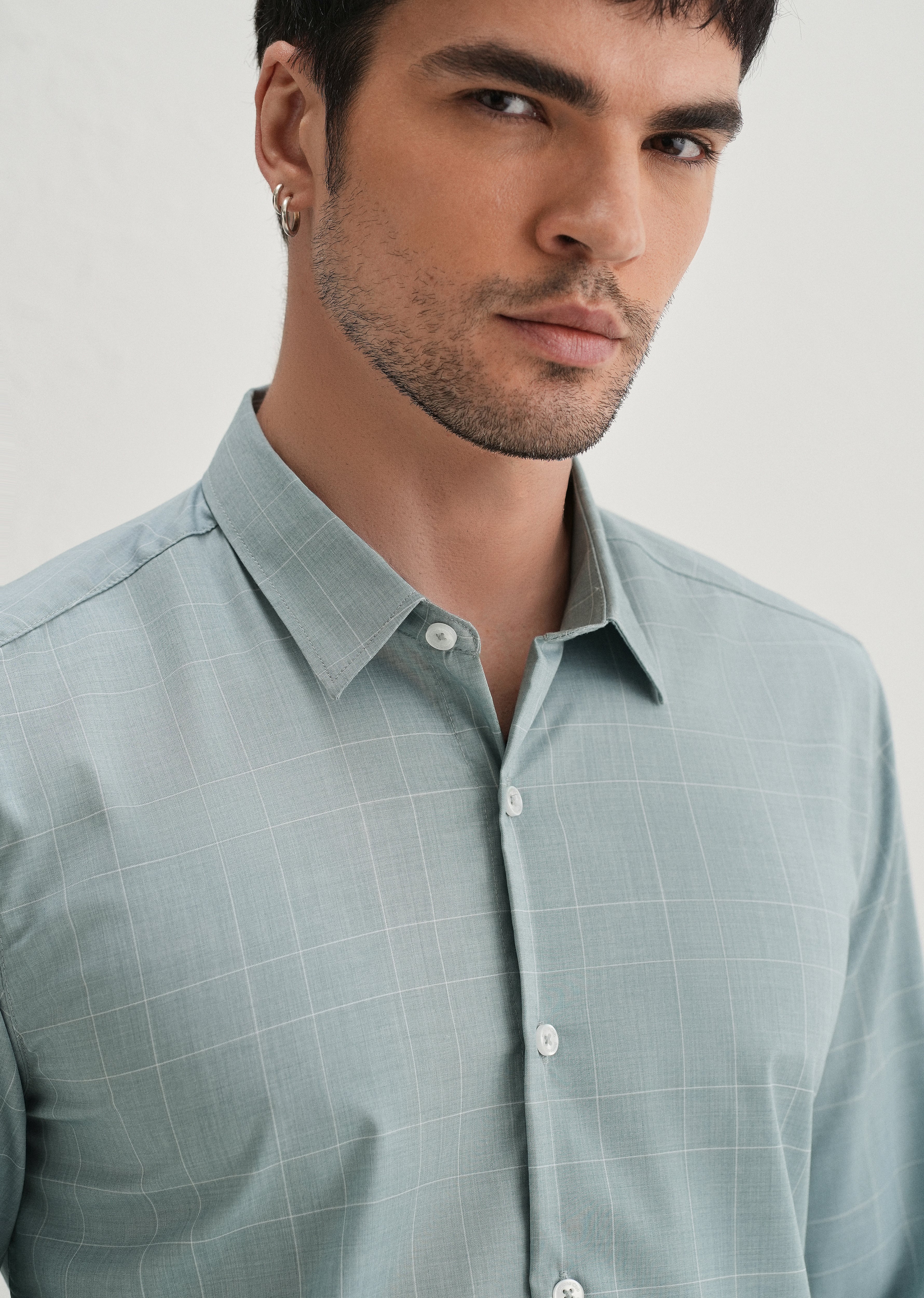 Light Teal Windowpane Check Shirt - Image 5