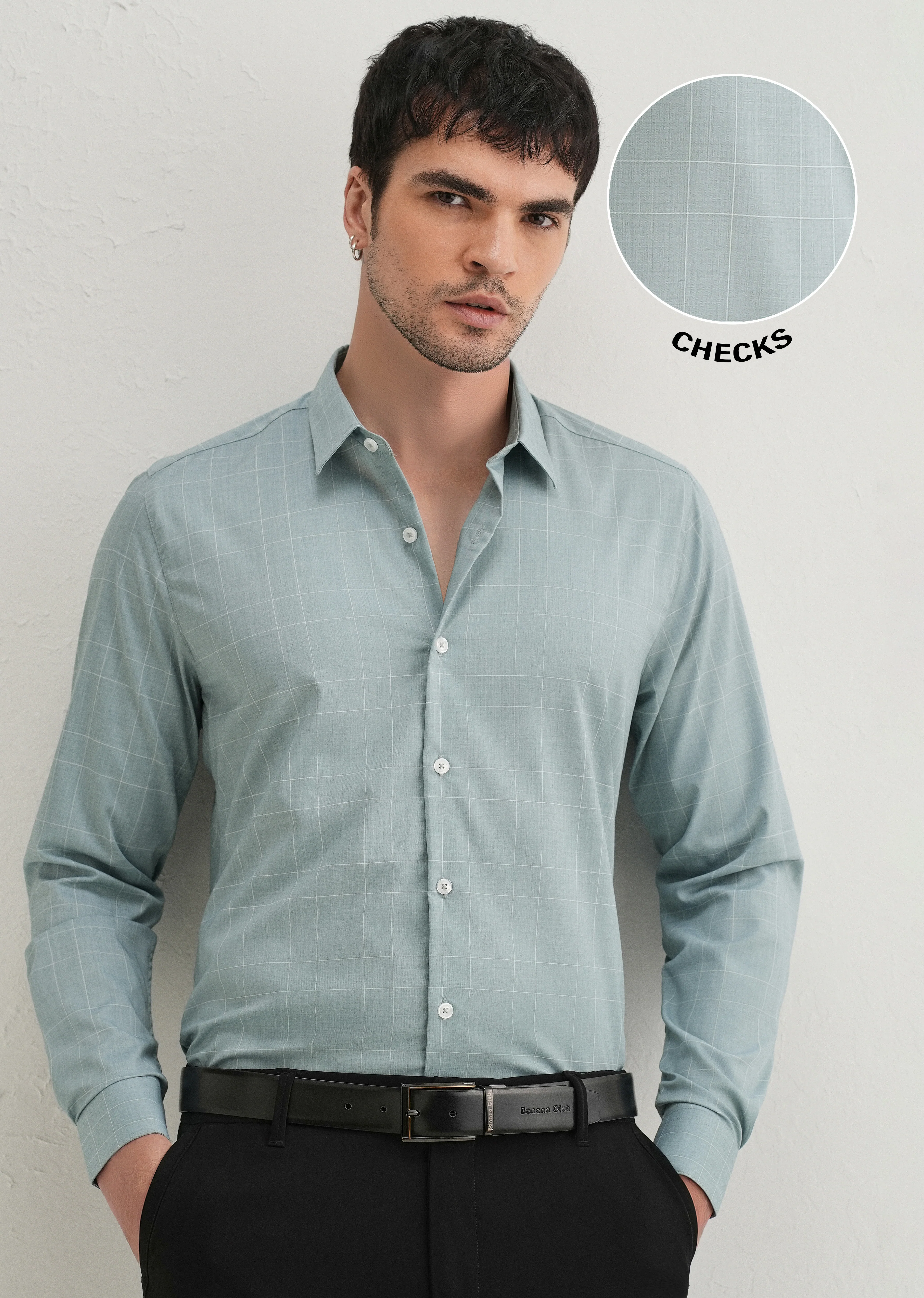 Light Teal Windowpane Check Shirt - Image 7