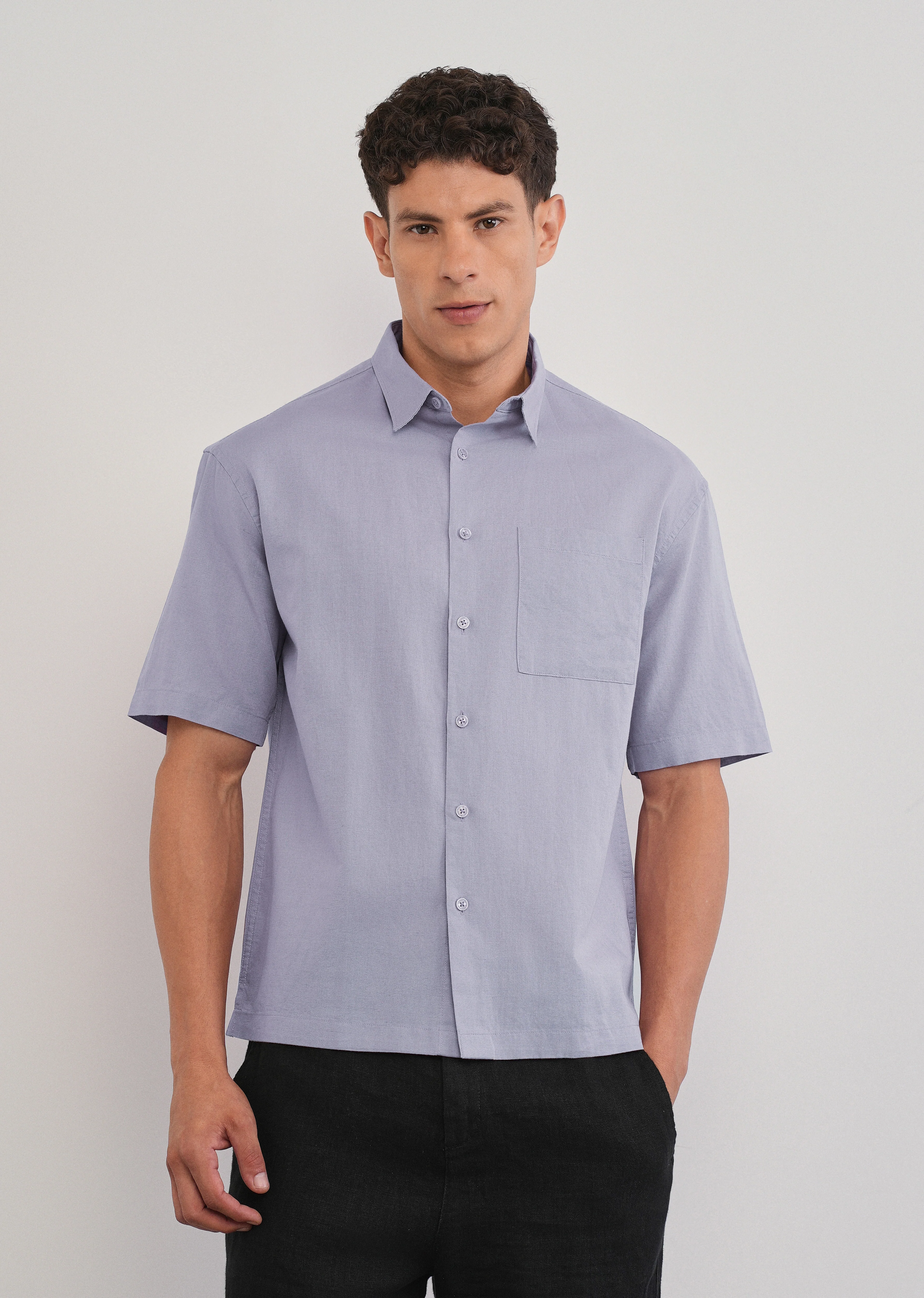 Lilac Cotton Linen Half Sleeve Shirt - Image 3