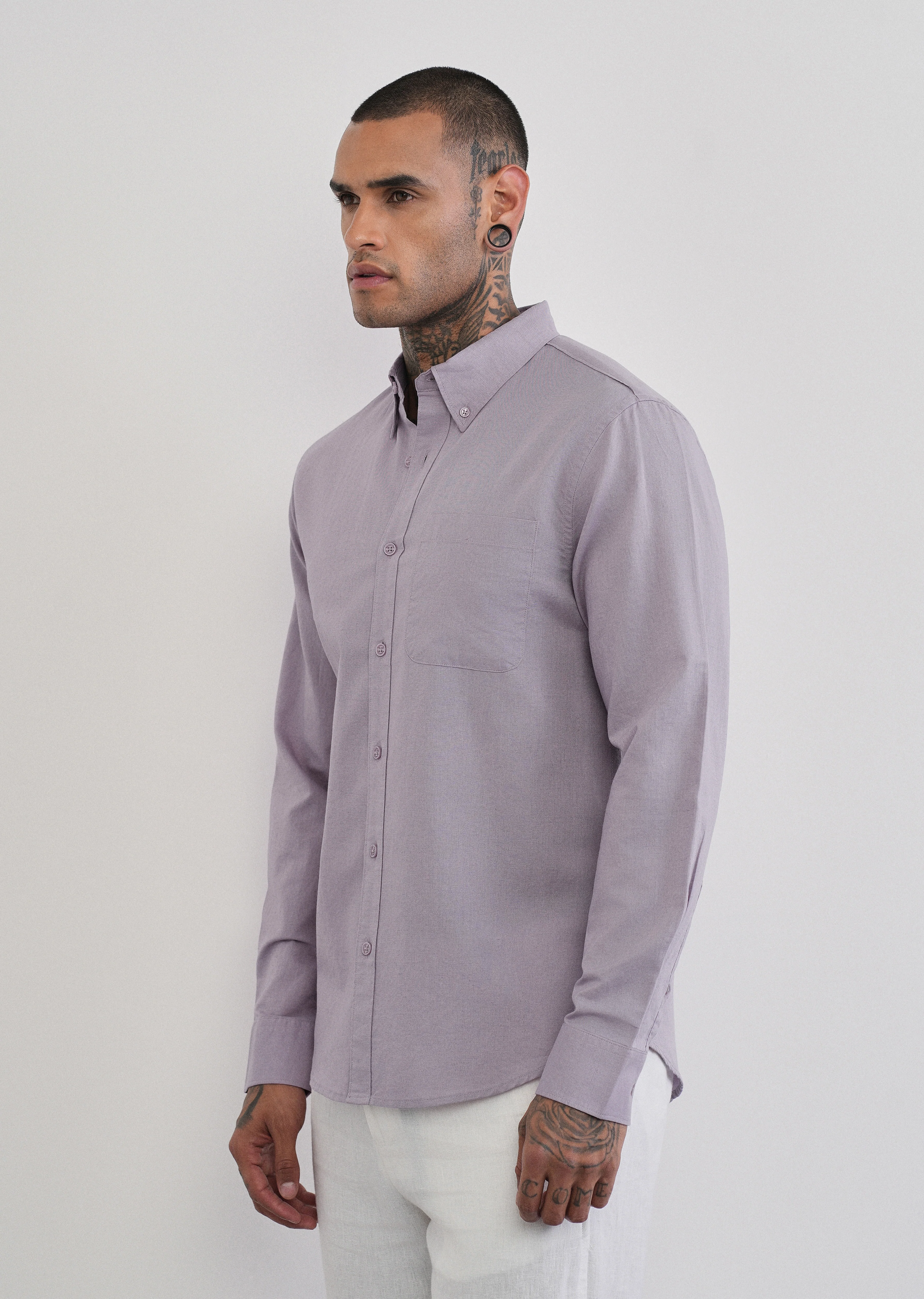 Lilac Cotton Linen Plain Shirt - Image 4