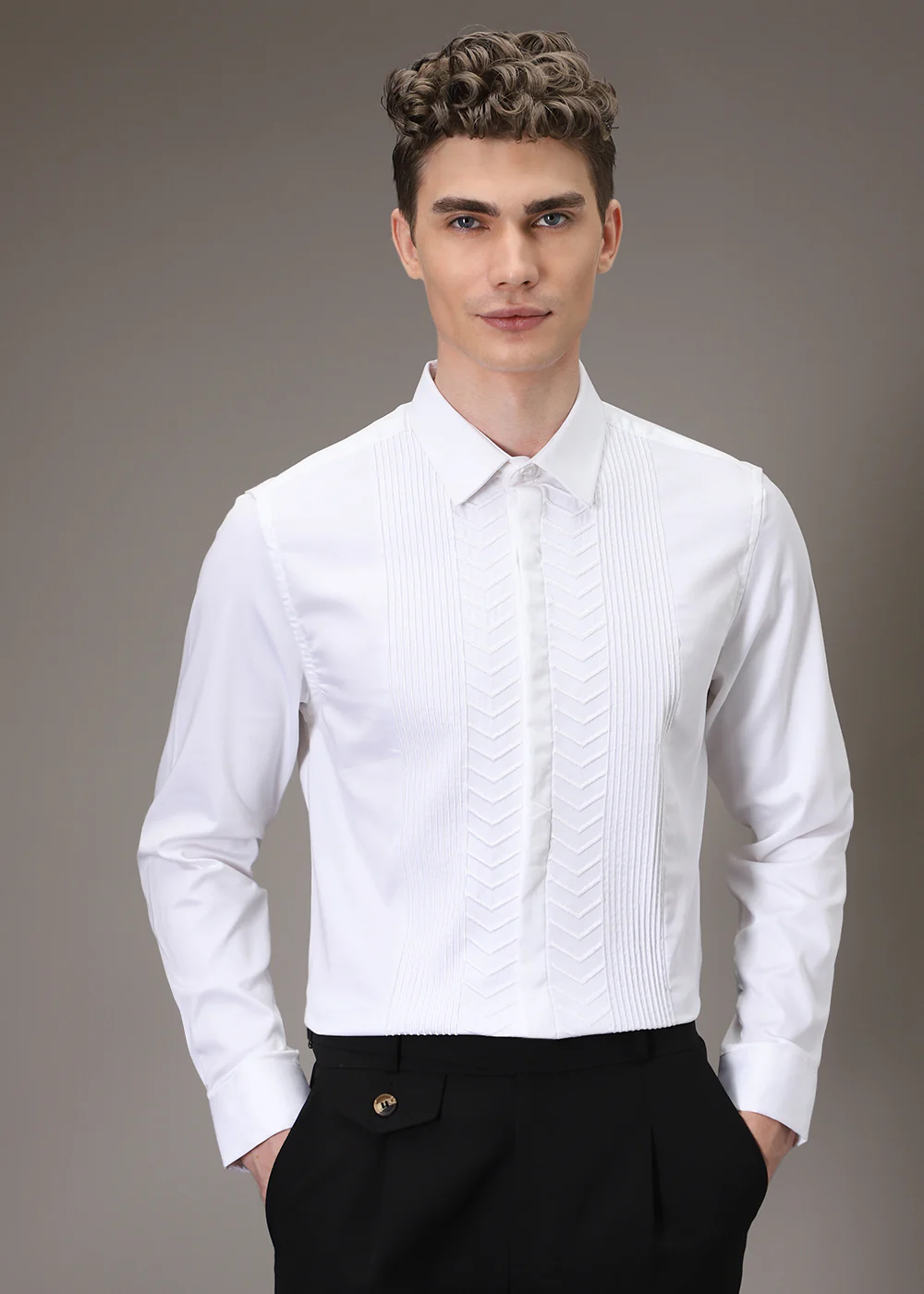 Line Needle Work White Designer Shirt - Image 3
