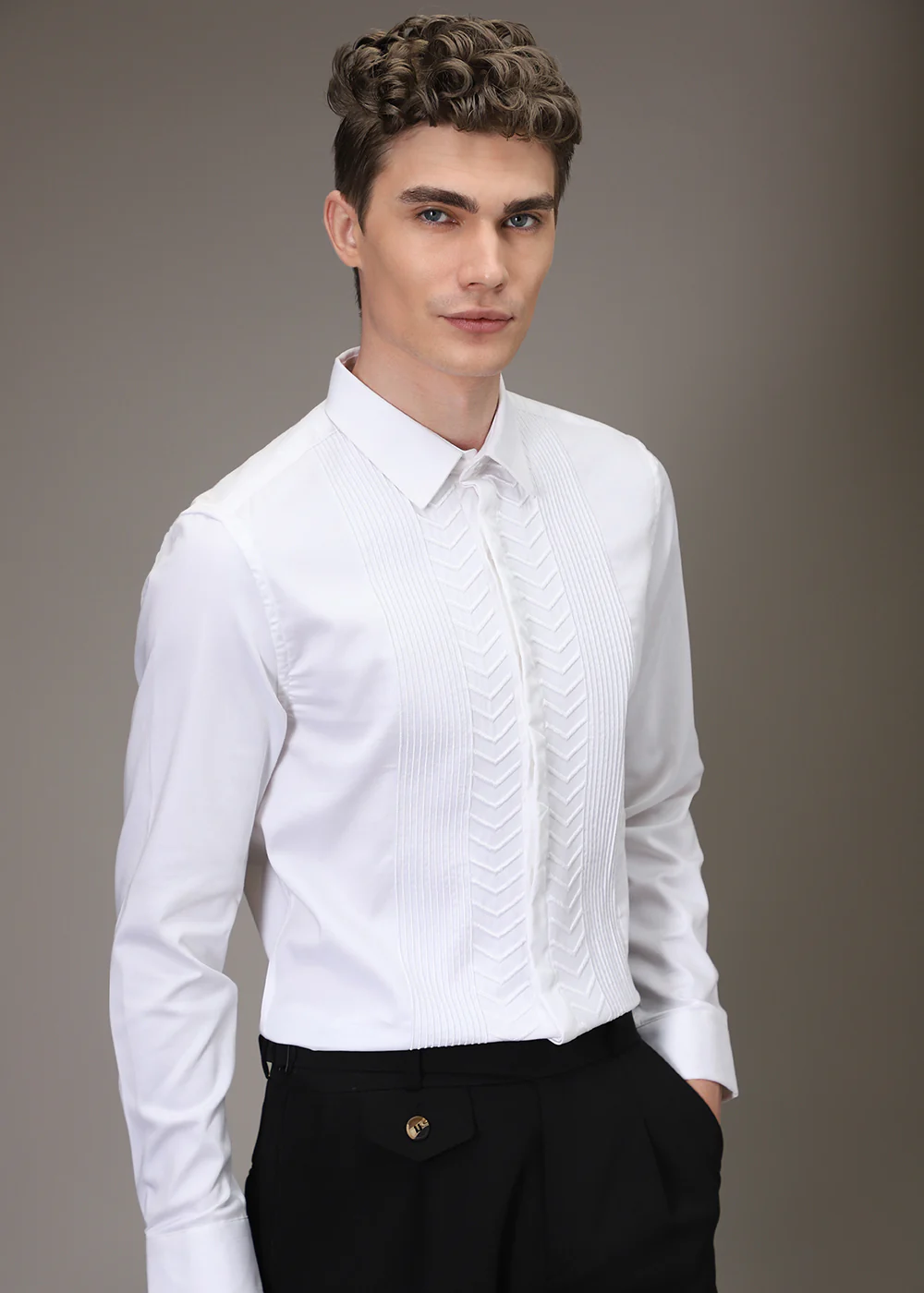 Line Needle Work White Designer Shirt - Image 5