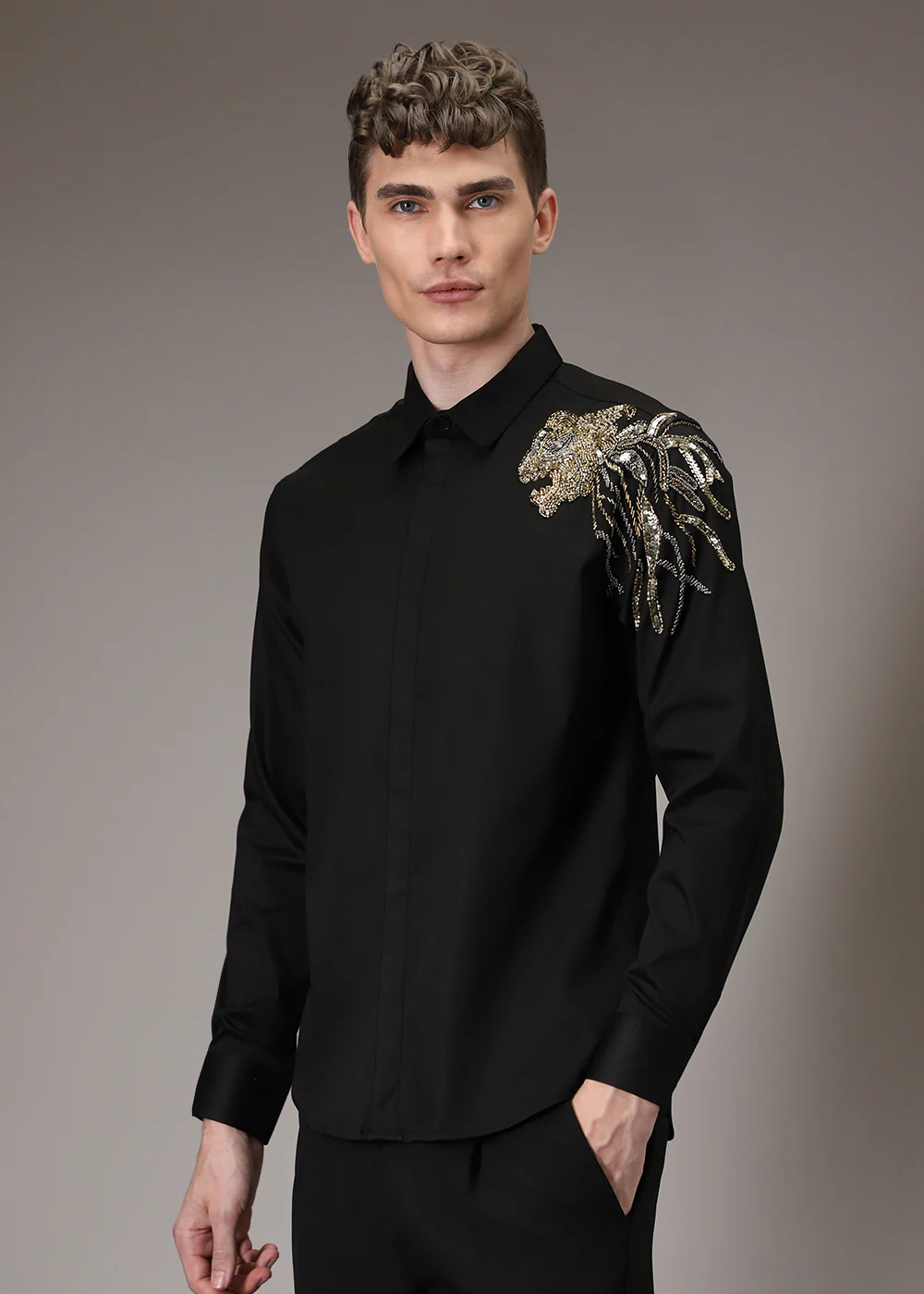 Lion Luxe Black Sequenced Designer Shirt - Image 6