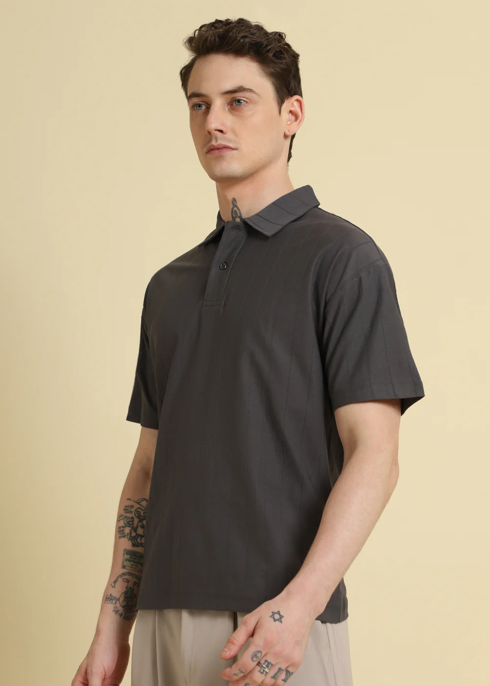 Magnetic Grey Plain Striped Polo T-shirt - Image 5