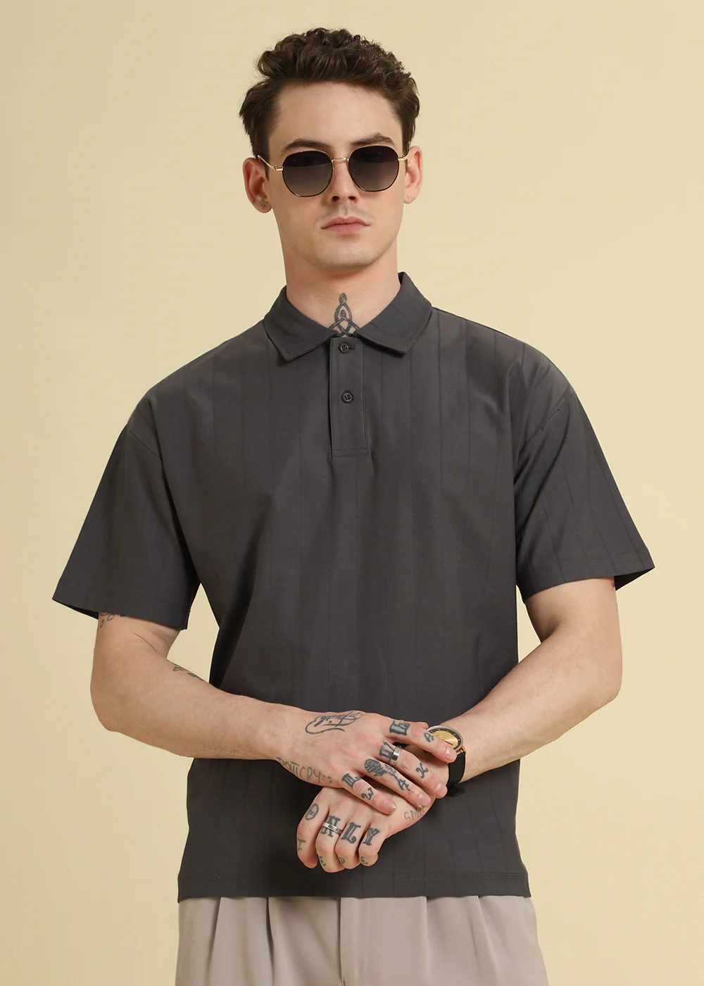 Magnetic Grey Plain Striped Polo T-shirt - Image 6