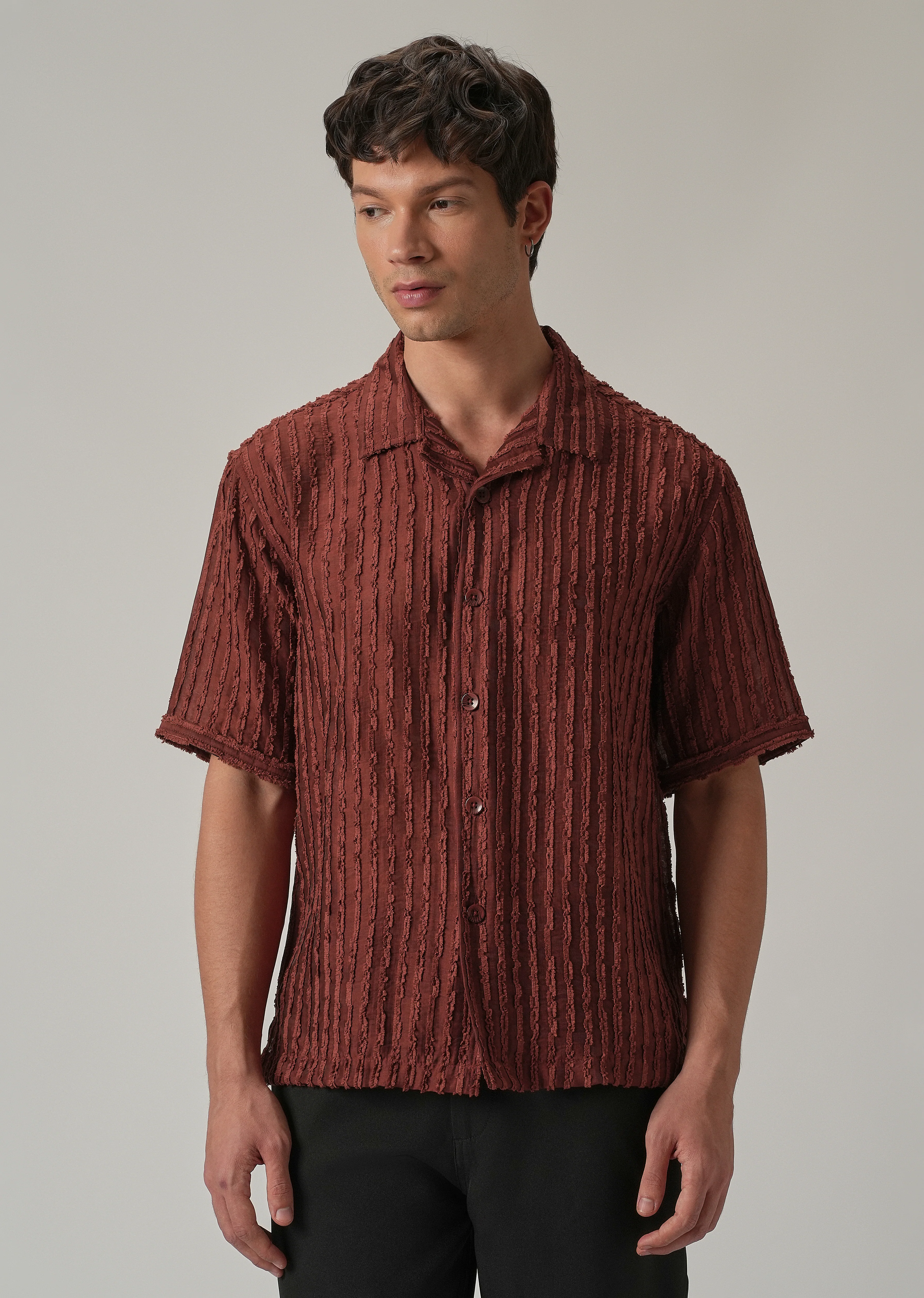 Maroon Brown Clip Jacquard Stripe Shirt - Image 3