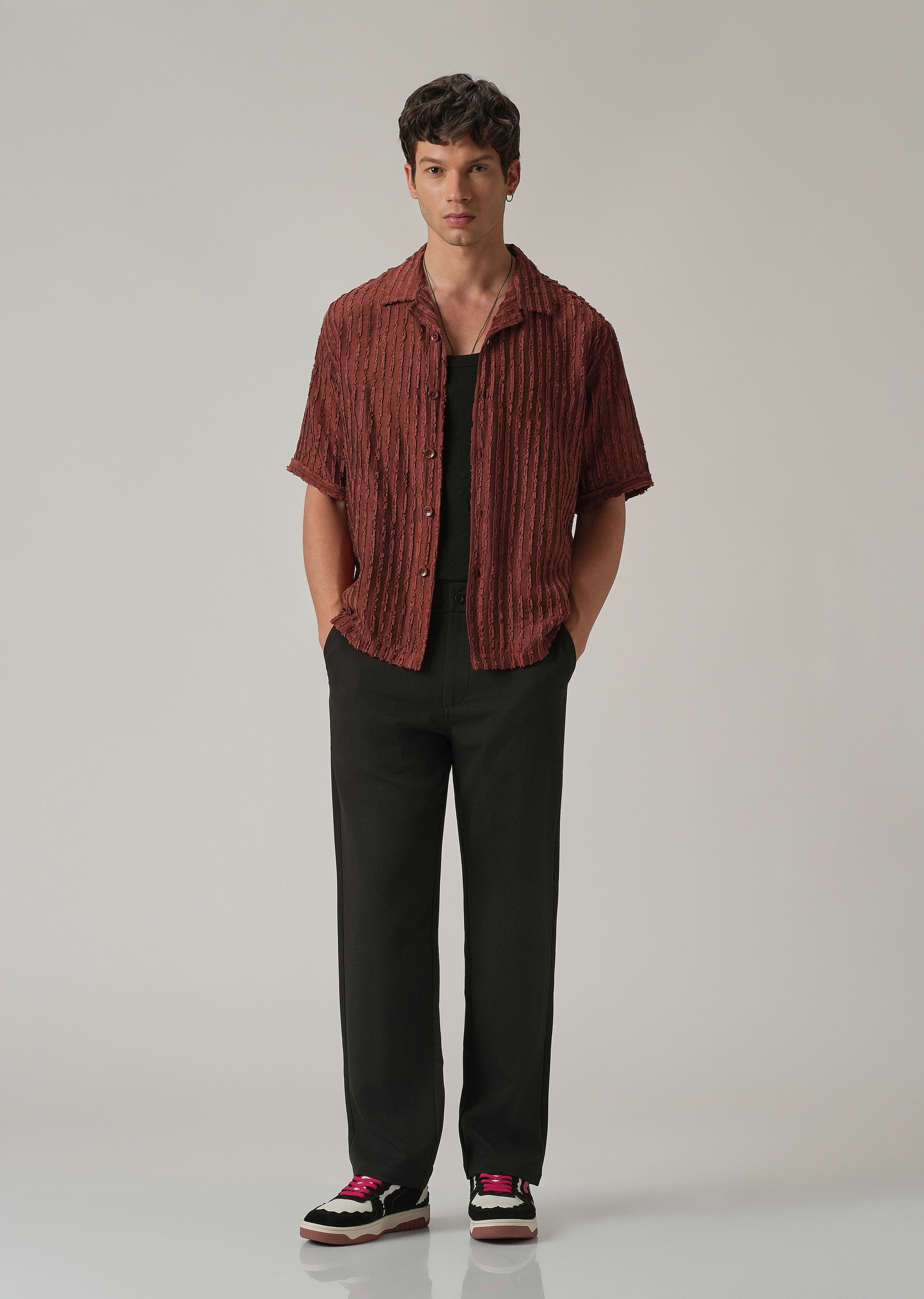 Maroon Brown Clip Jacquard Stripe Shirt - Image 6