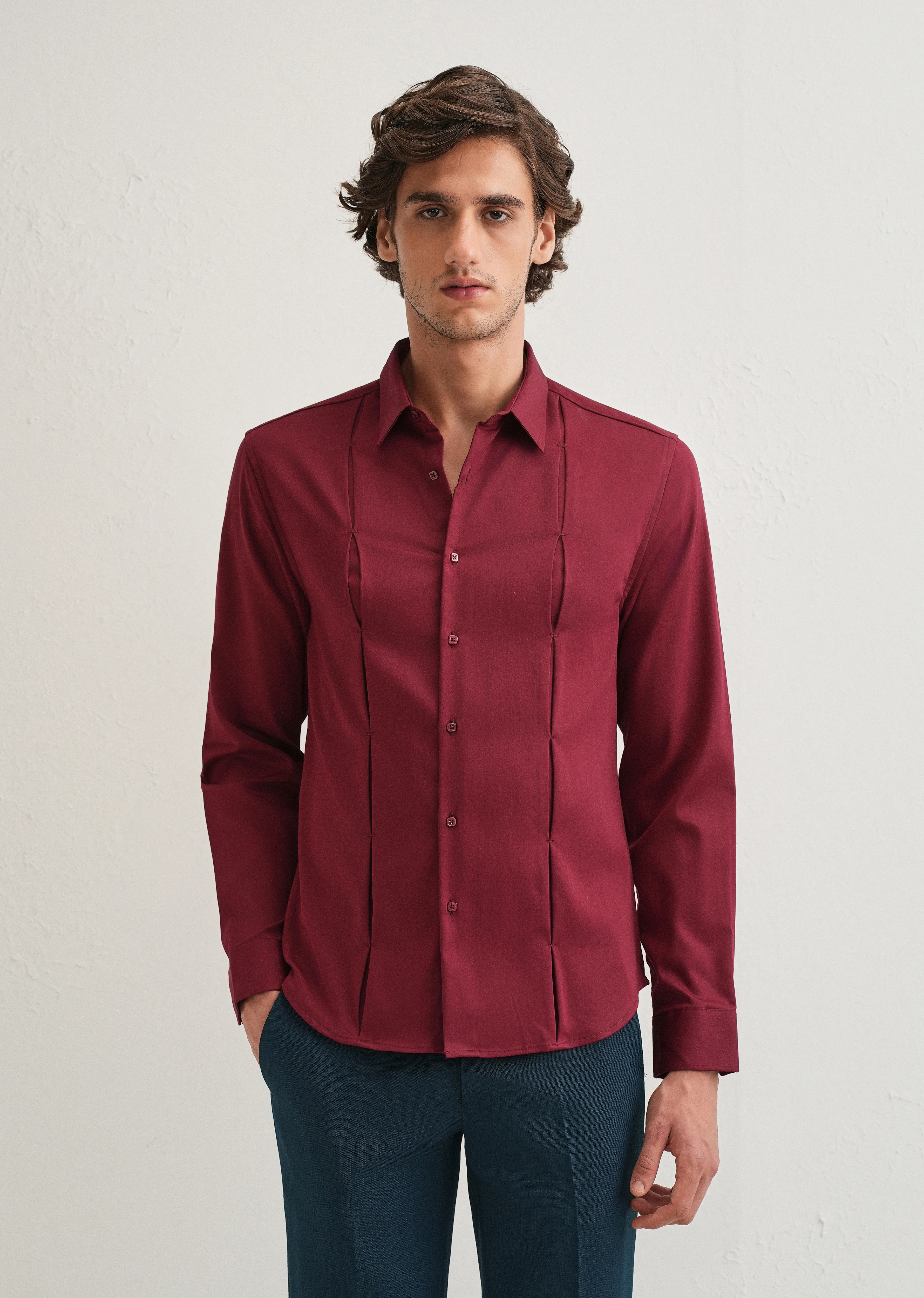 Maroon Front Panel Open Pleat Shirt - Image 3
