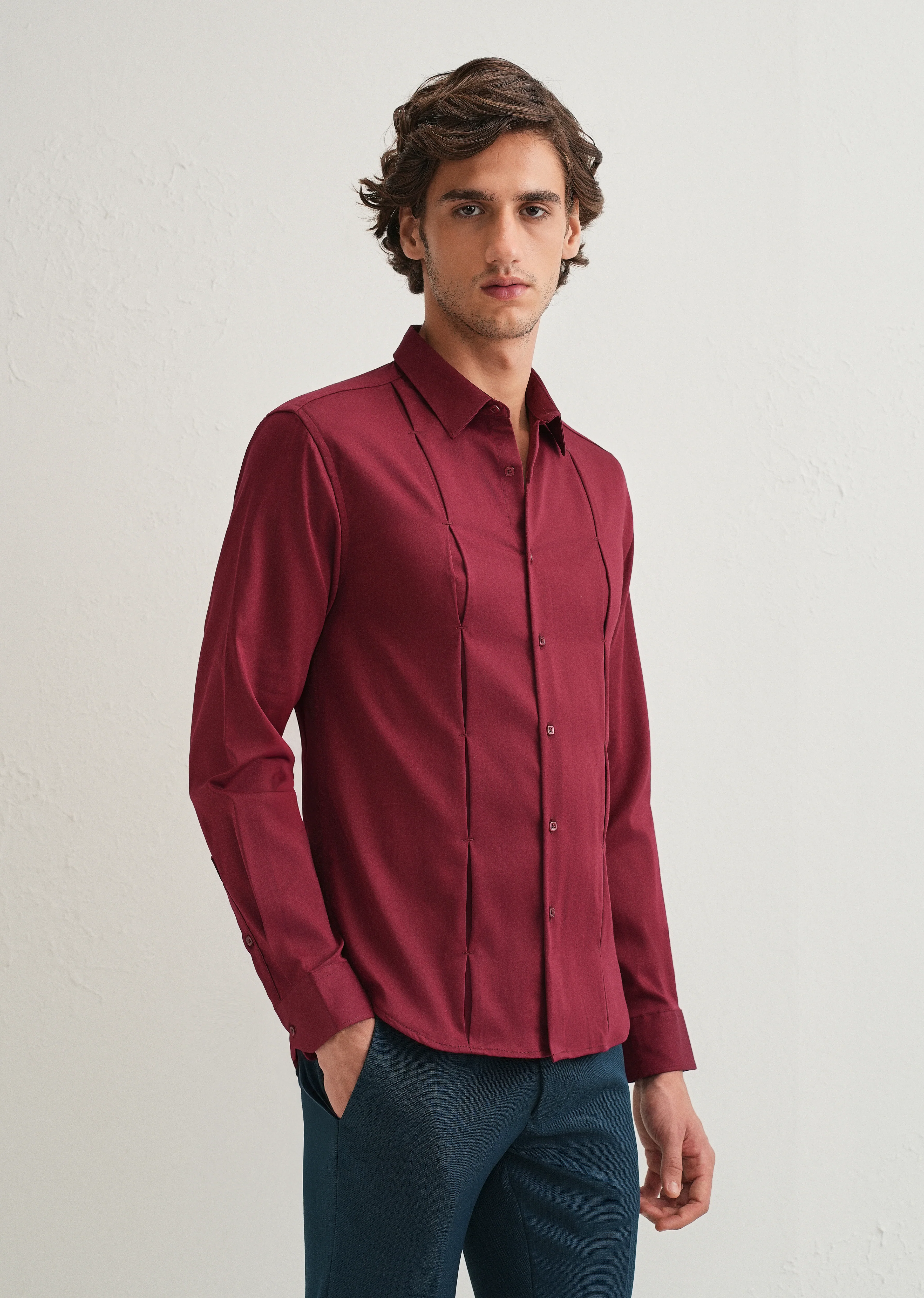 Maroon Front Panel Open Pleat Shirt - Image 4