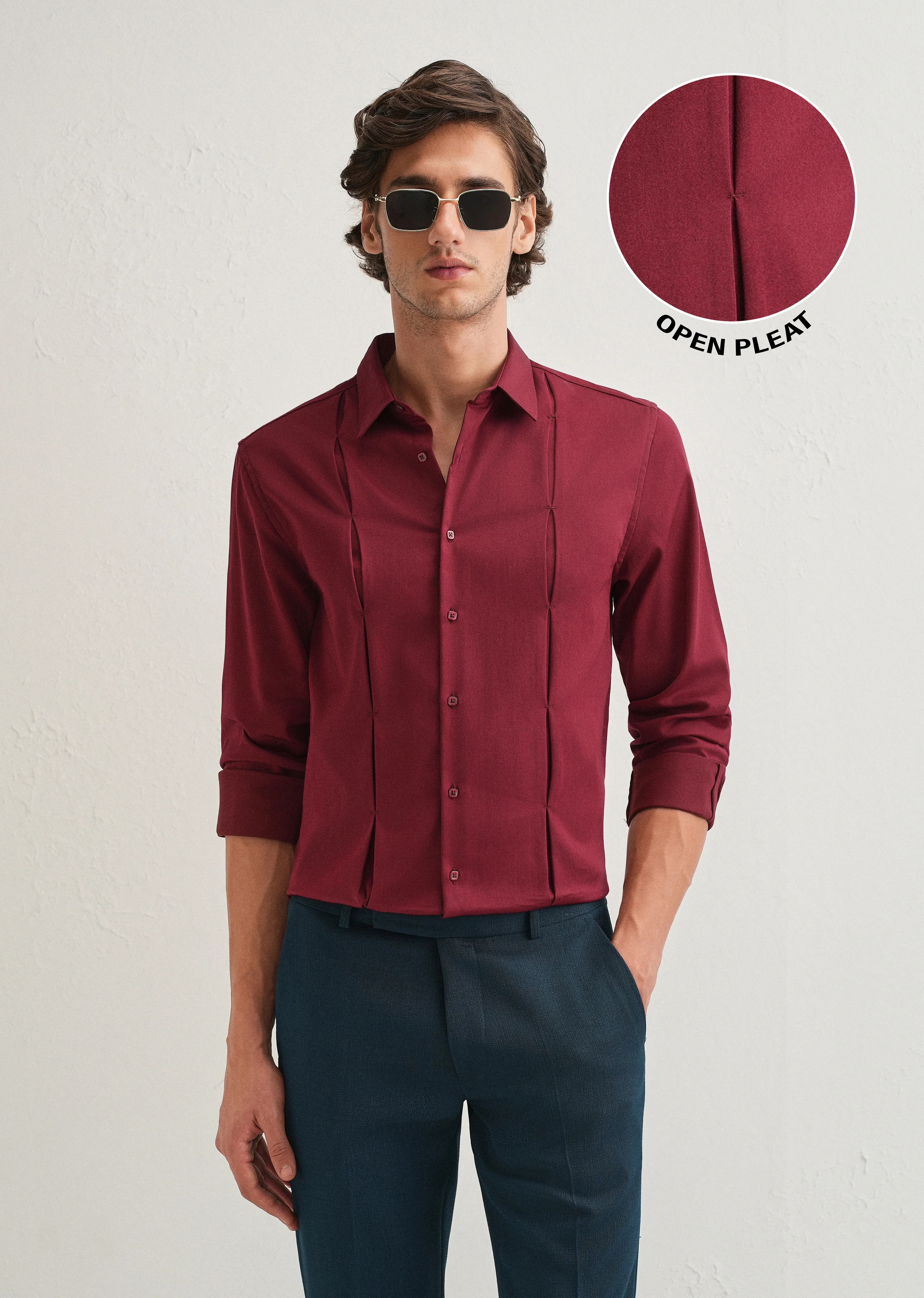 Maroon Front Panel Open Pleat Shirt - Image 7