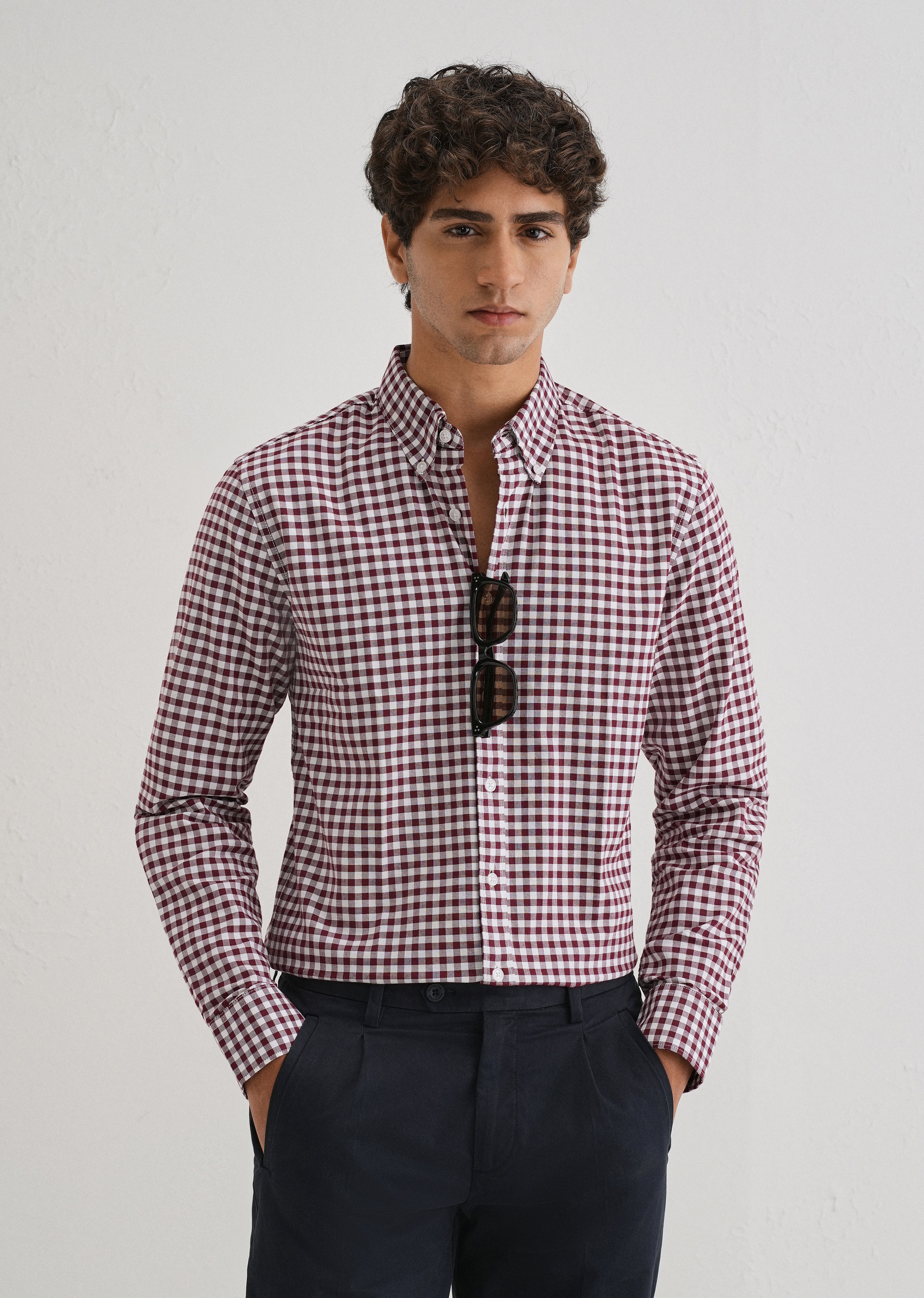 Maroon Gingham Check Cotton Oxford Shirt - Image 2