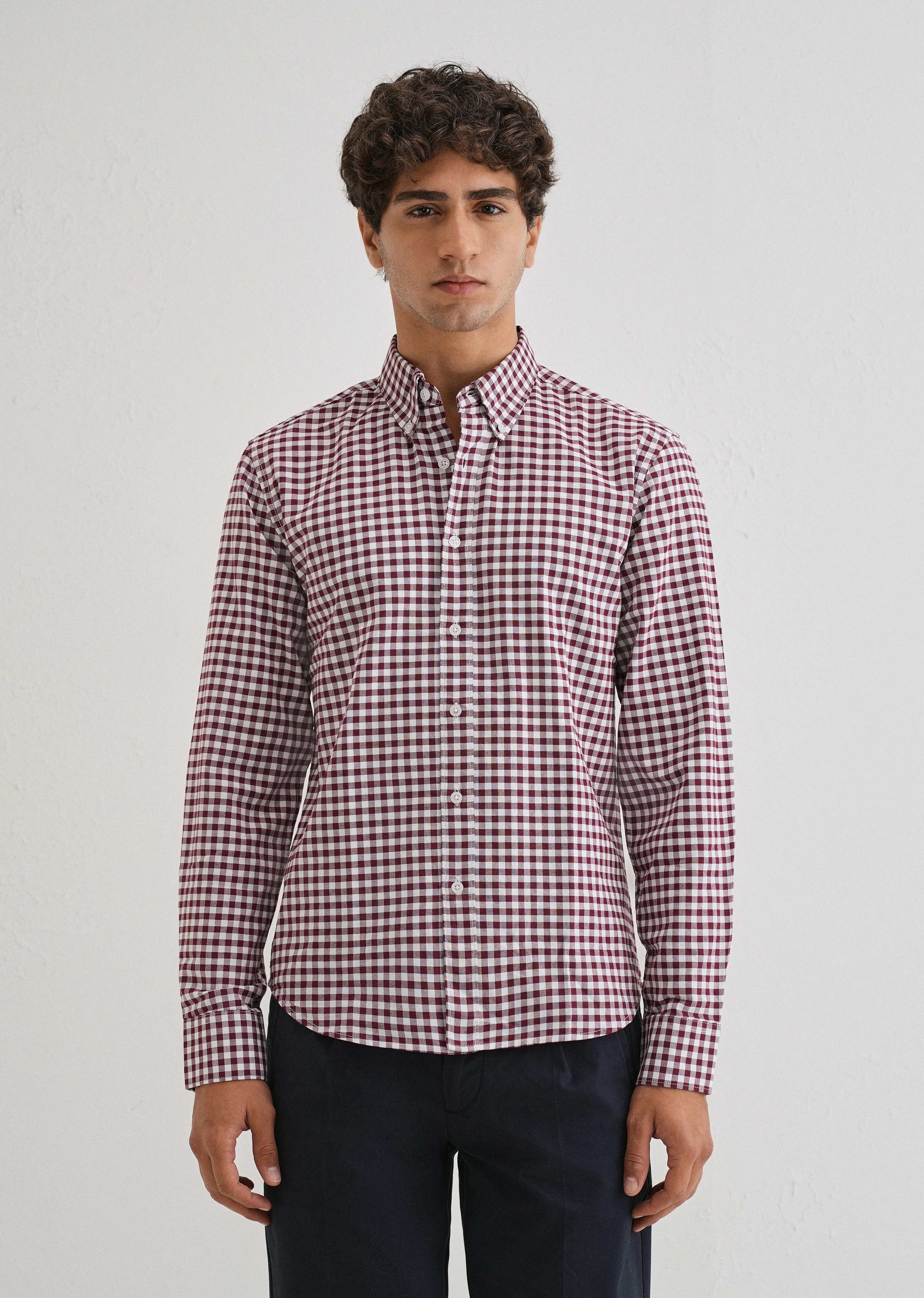 Maroon Gingham Check Cotton Oxford Shirt - Image 4