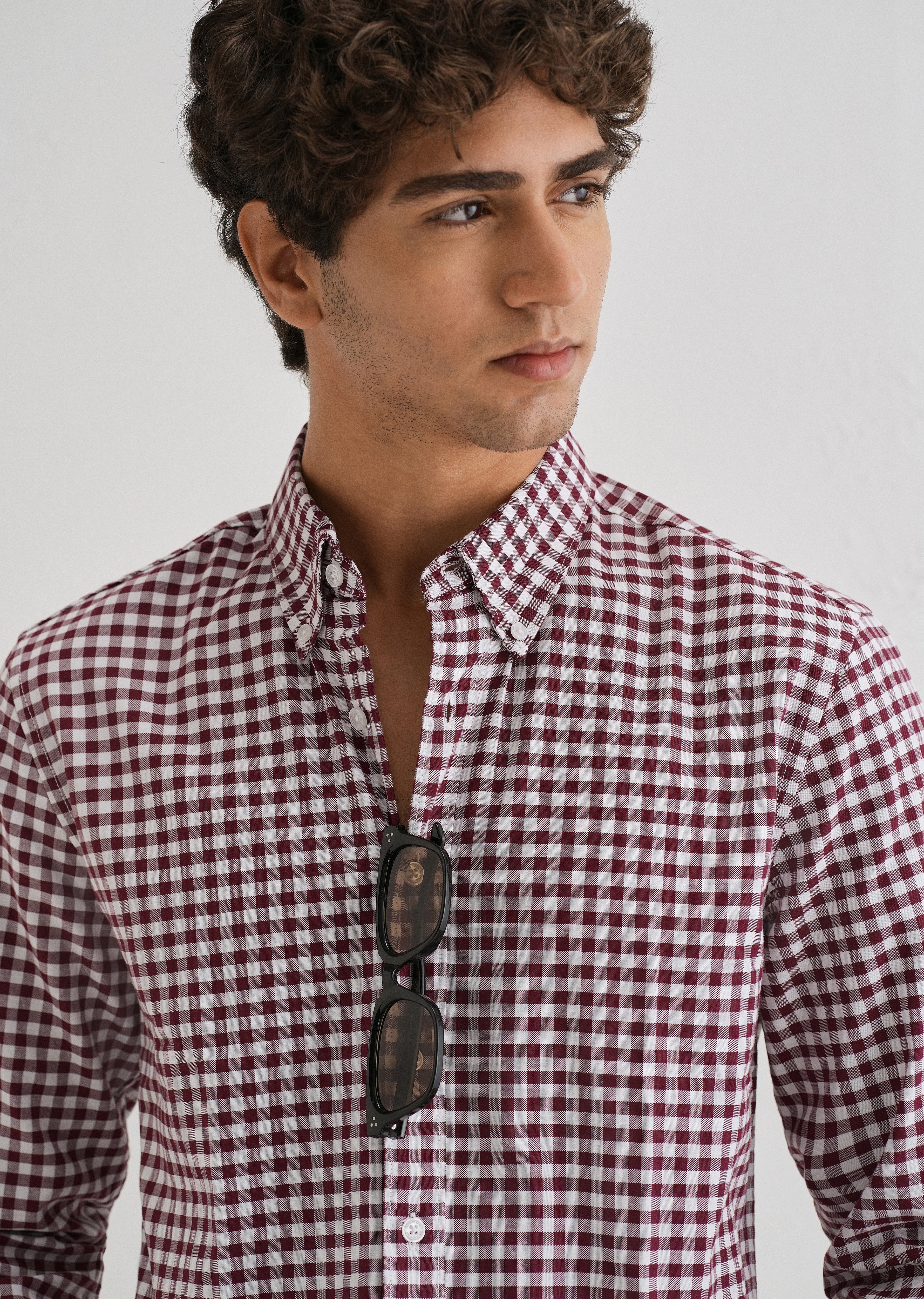 Maroon Gingham Check Cotton Oxford Shirt - Image 6