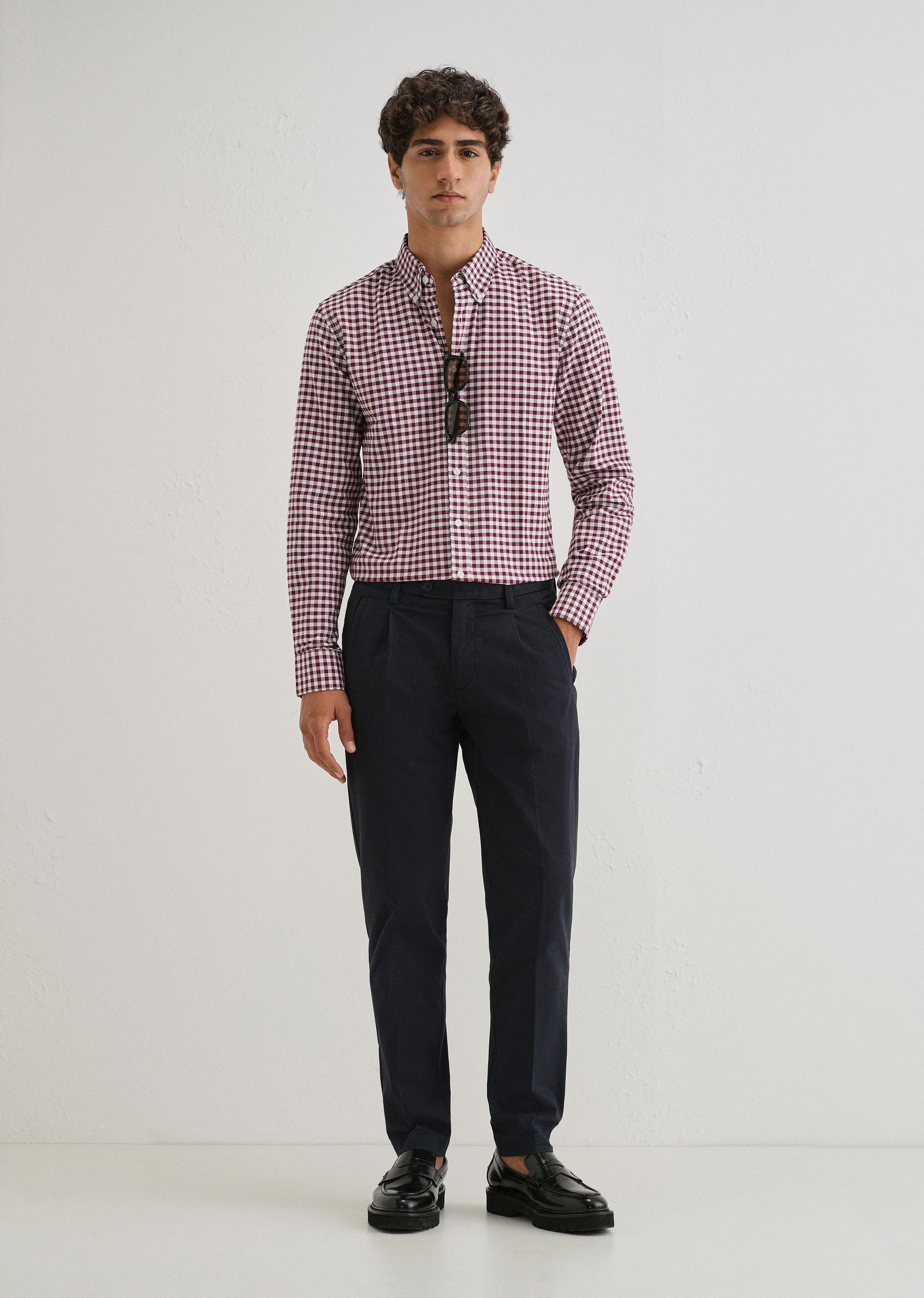Maroon Gingham Check Cotton Oxford Shirt - Image 7